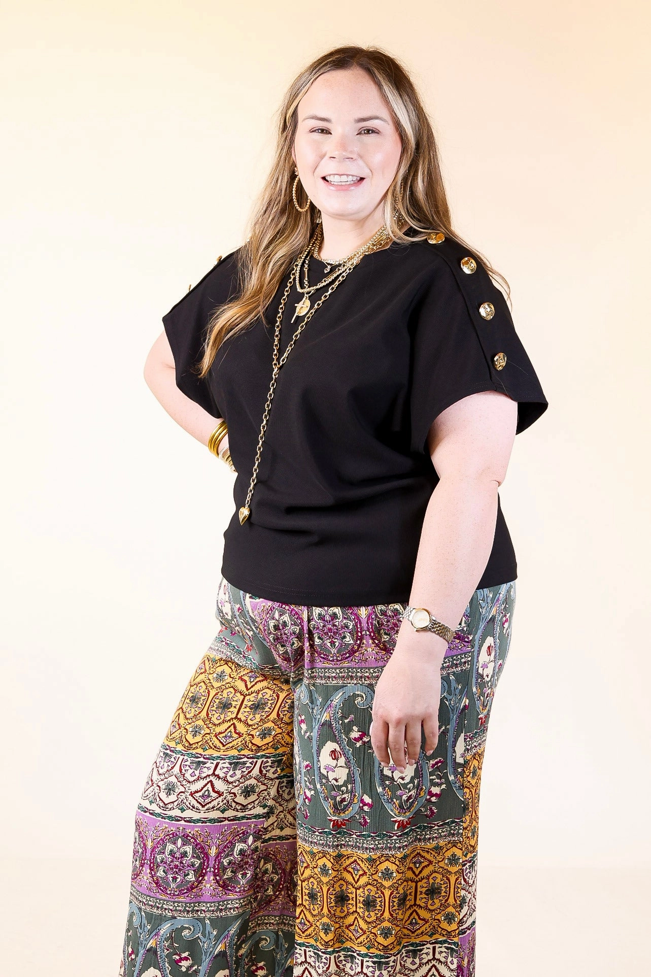 Vibrant color Golden Hour Glow Ribbed Crew Neck Top With Gold Button Detailing in Black