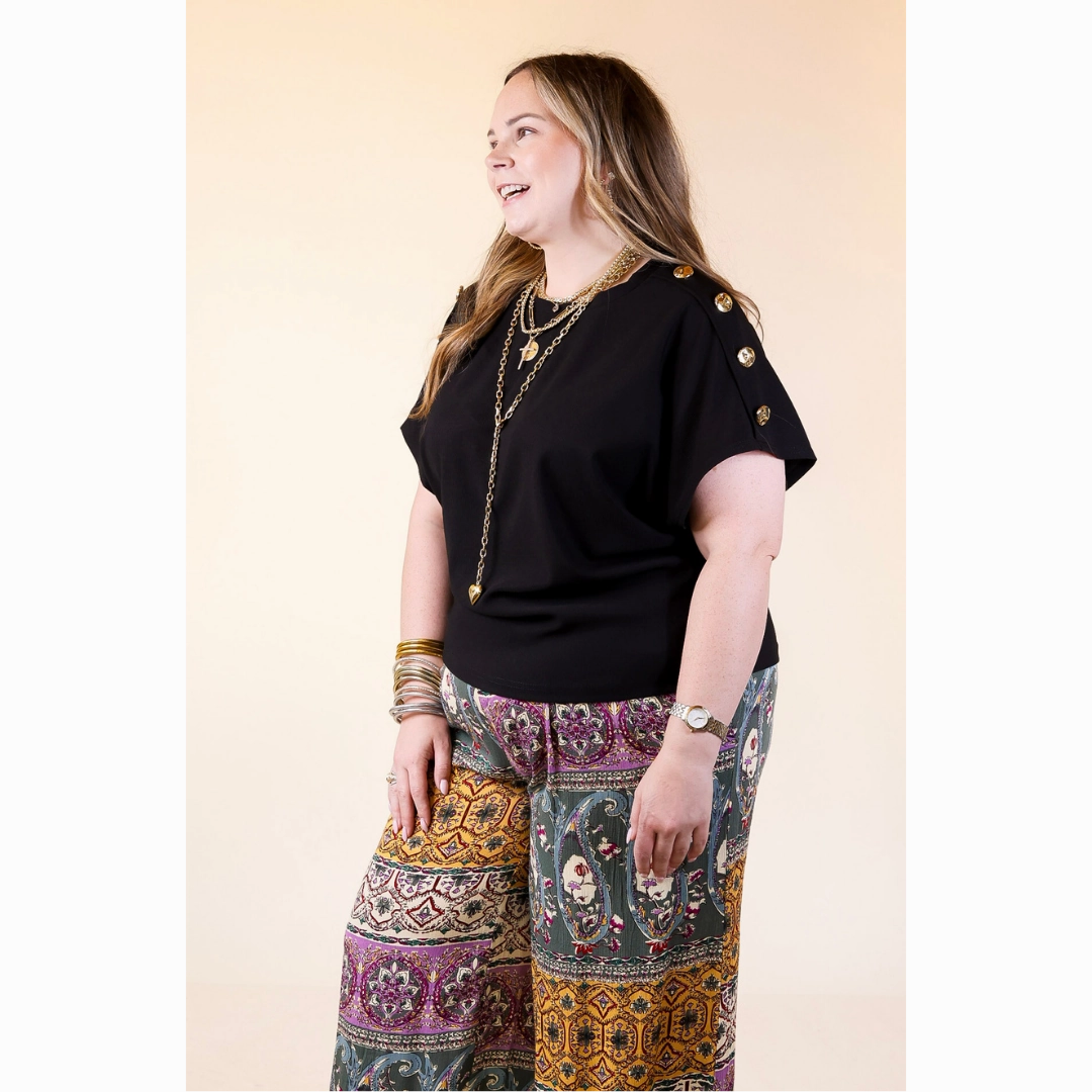 Golden Hour Glow Ribbed Crew Neck Top With Gold Button Detailing in Black Sleek Silhouette Fashion Layer