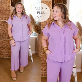 Light Core Right On Cue Button Up Raw Hem Top in Lavender Purple