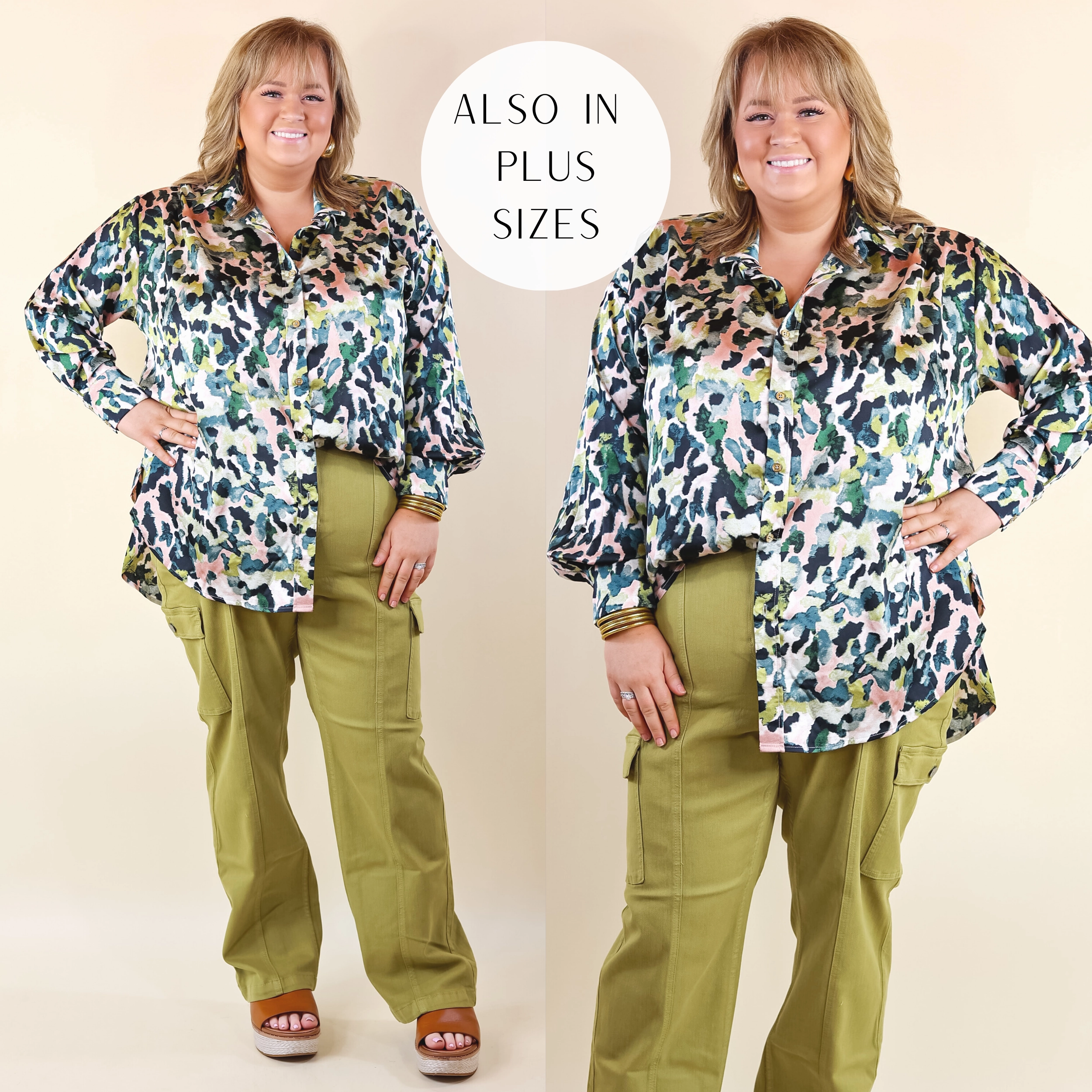 Tell Me Something Good Long Sleeve Button Up Watercolor Animal Print Top in Green Mix Fall Core WrinkleResistantFabric