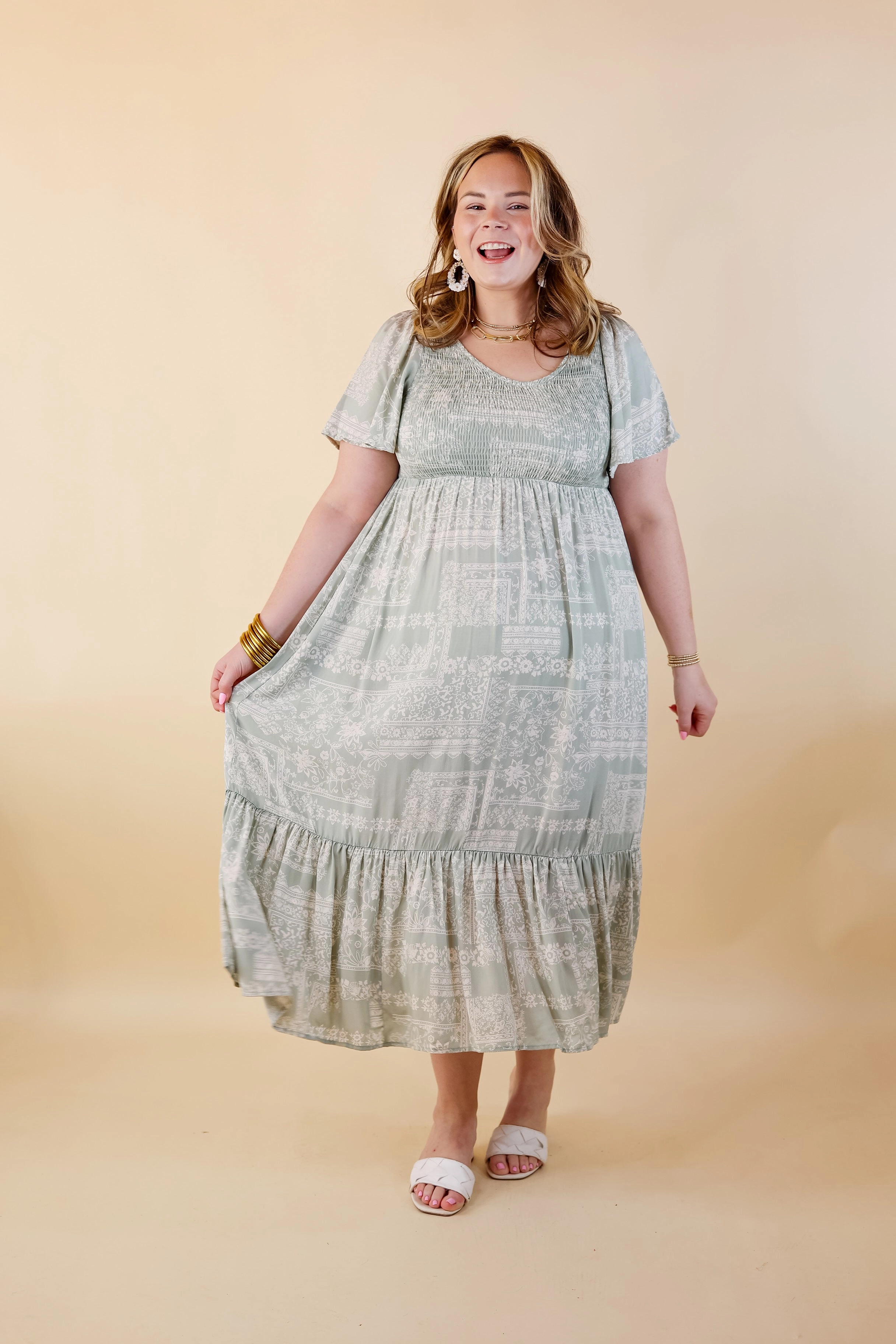 Adore The Shore Block Print Midi Dress with Smocked Bodice in Sage Green AntiStaticMaterial Stretchable Material