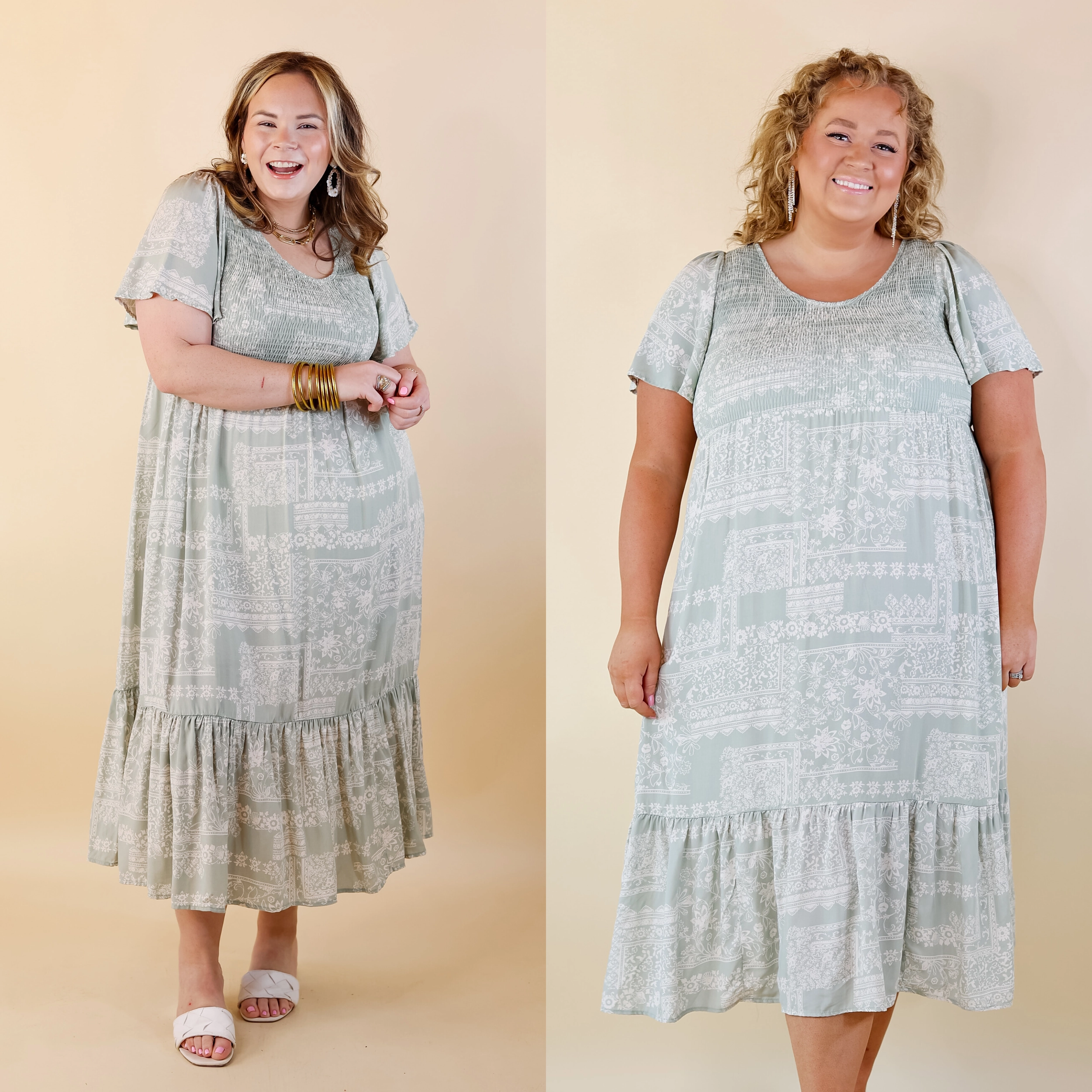 Adore The Shore Block Print Midi Dress with Smocked Bodice in Sage Green Noble Core Vegan Mood