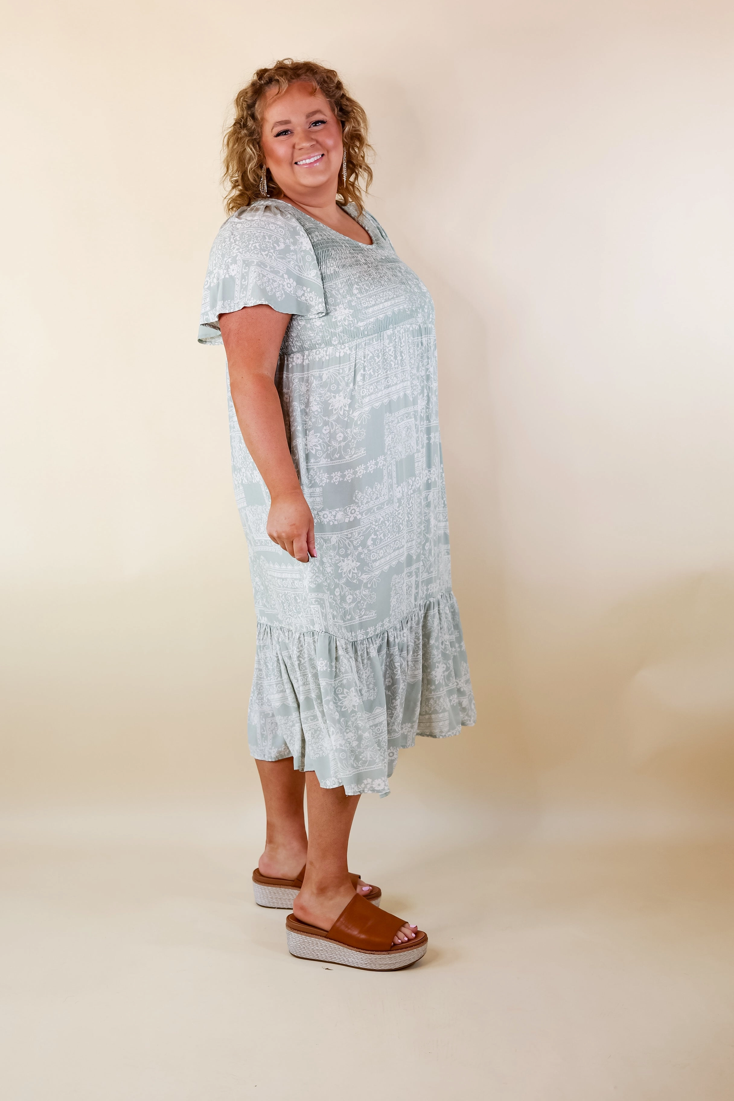 Durable Reinforced Edges Adore The Shore Block Print Midi Dress with Smocked Bodice in Sage Green