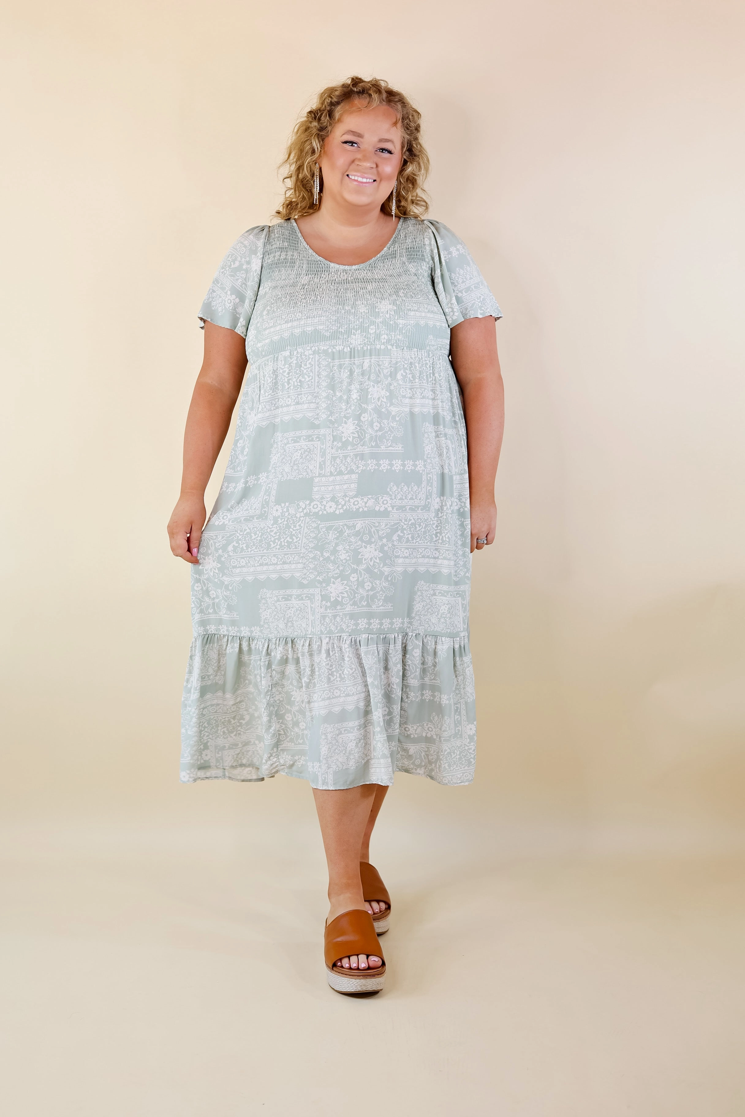 Team Vibe Adore The Shore Block Print Midi Dress with Smocked Bodice in Sage Green