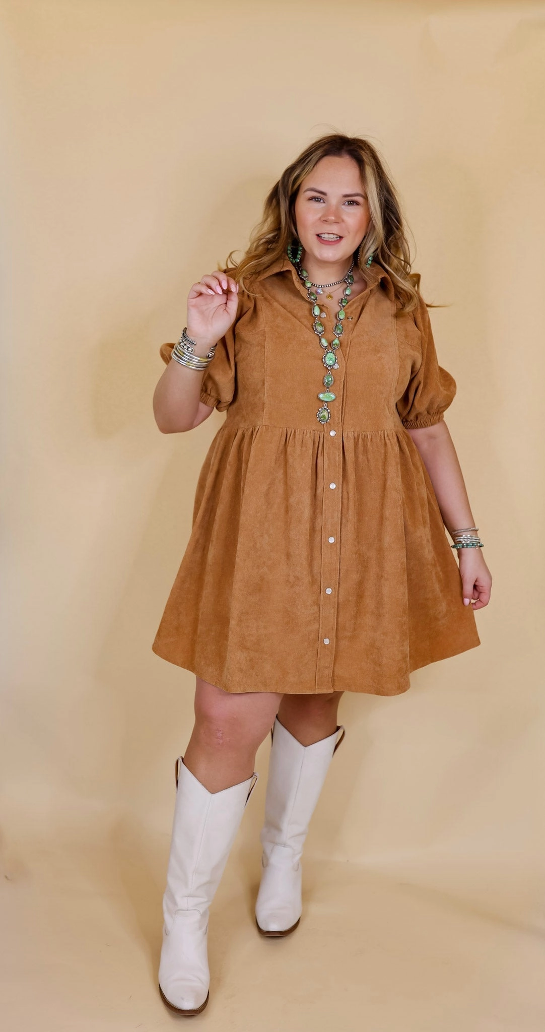 Cozy Pullover Adventures Ahead Button Up Corduroy Babydoll Dress in Camel Brown
