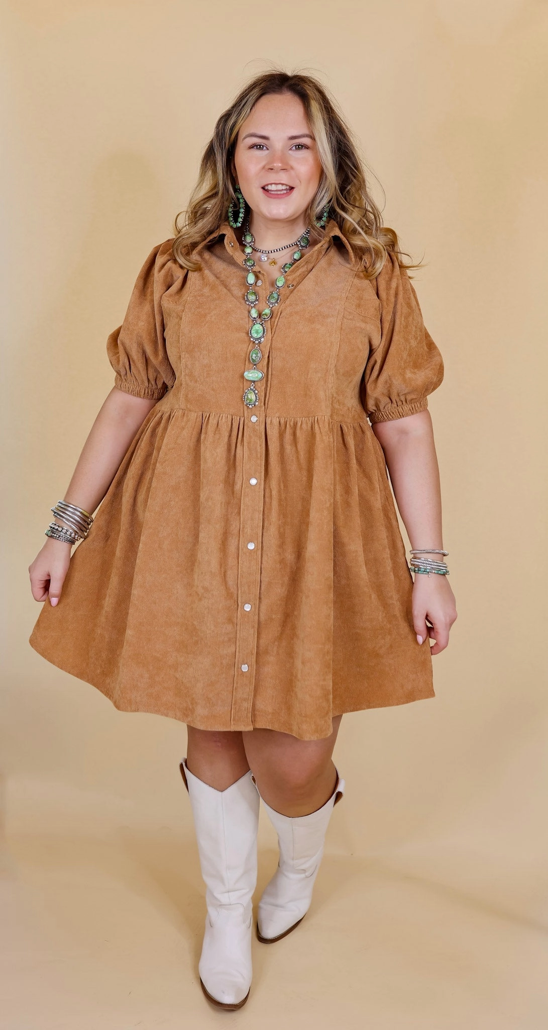 Airflow Vents HiddenZipperClosure Adventures Ahead Button Up Corduroy Babydoll Dress in Camel Brown