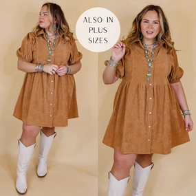 Adventures Ahead Button Up Corduroy Babydoll Dress in Camel Brown Fall Core