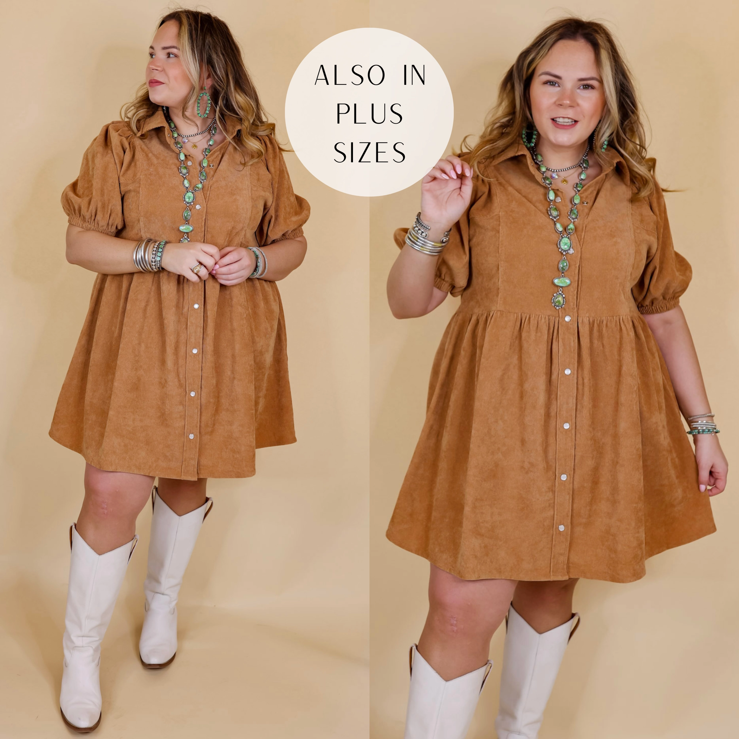 Adventures Ahead Button Up Corduroy Babydoll Dress in Camel Brown Fall Core