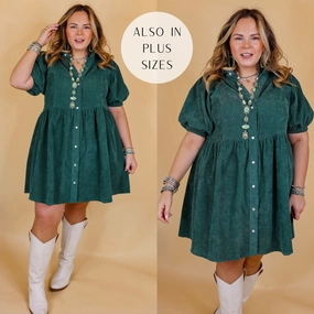 Adventures Ahead Button Up Corduroy Babydoll Dress in Dusty Teal Soft Motion Unique Cut