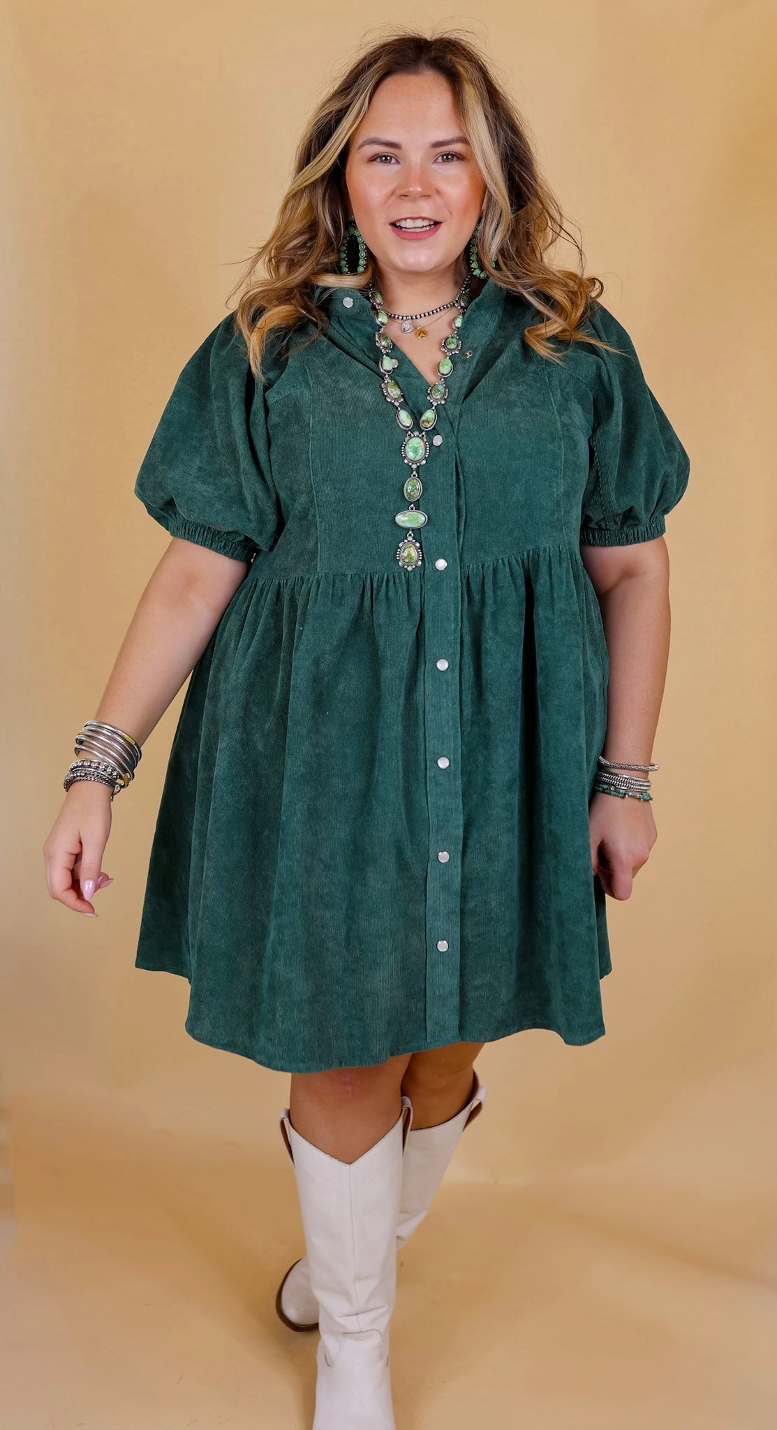 Adventures Ahead Button Up Corduroy Babydoll Dress in Dusty Teal CompactKnit Family Style