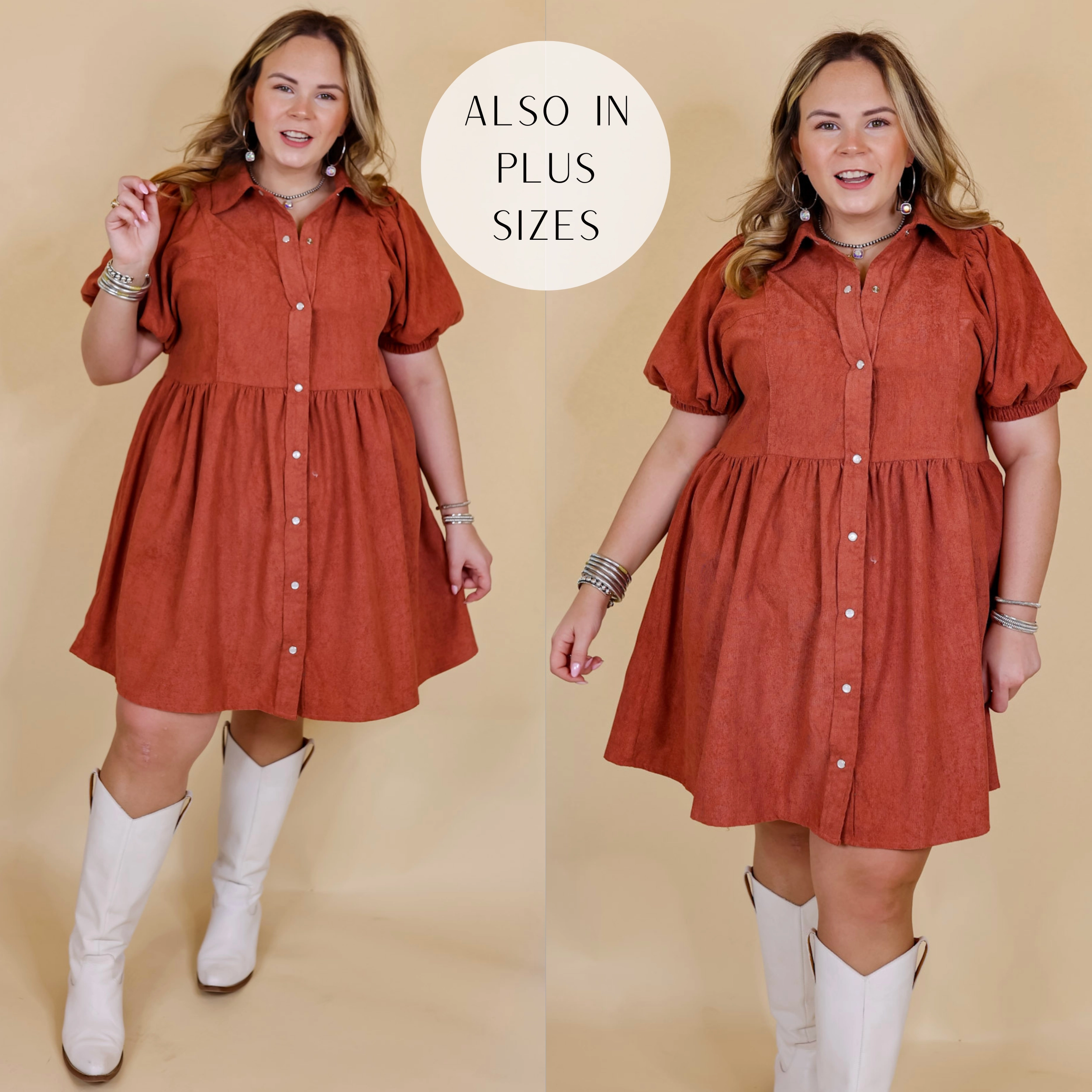 Adventures Ahead Button Up Corduroy Babydoll Dress in Terracotta Soft Inner Lining