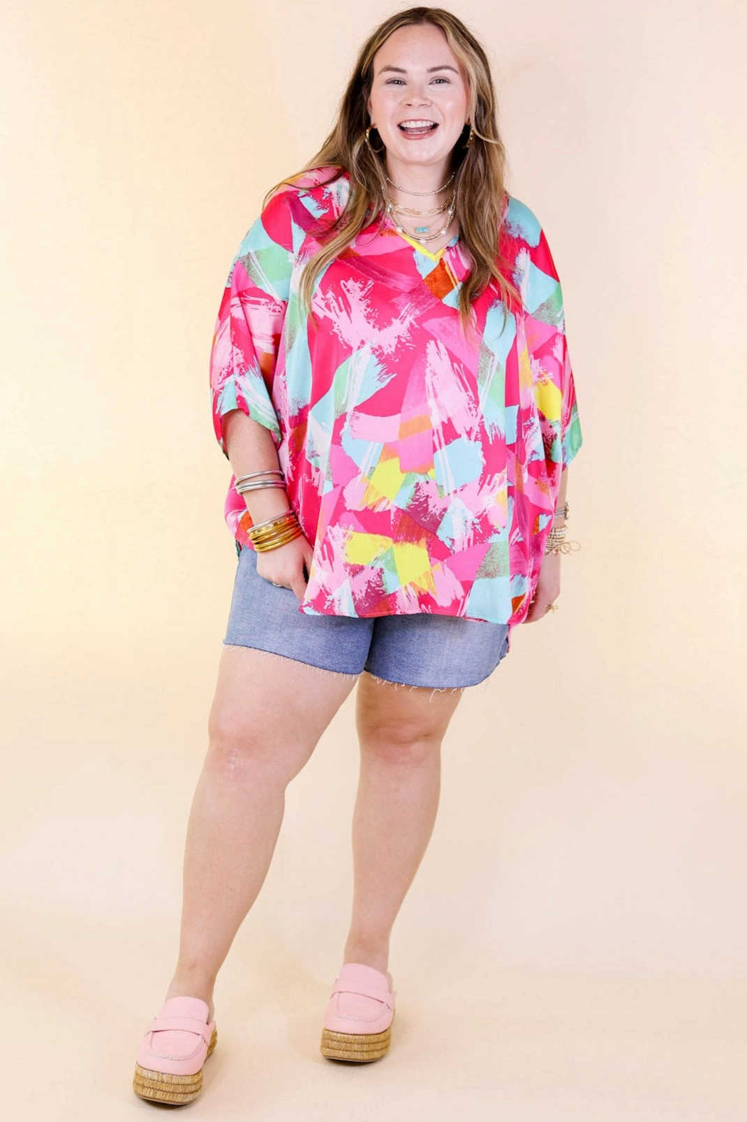 Spring It On Multi Color Brush Stroke Print Poncho Top in Pink Mix Gym Wear