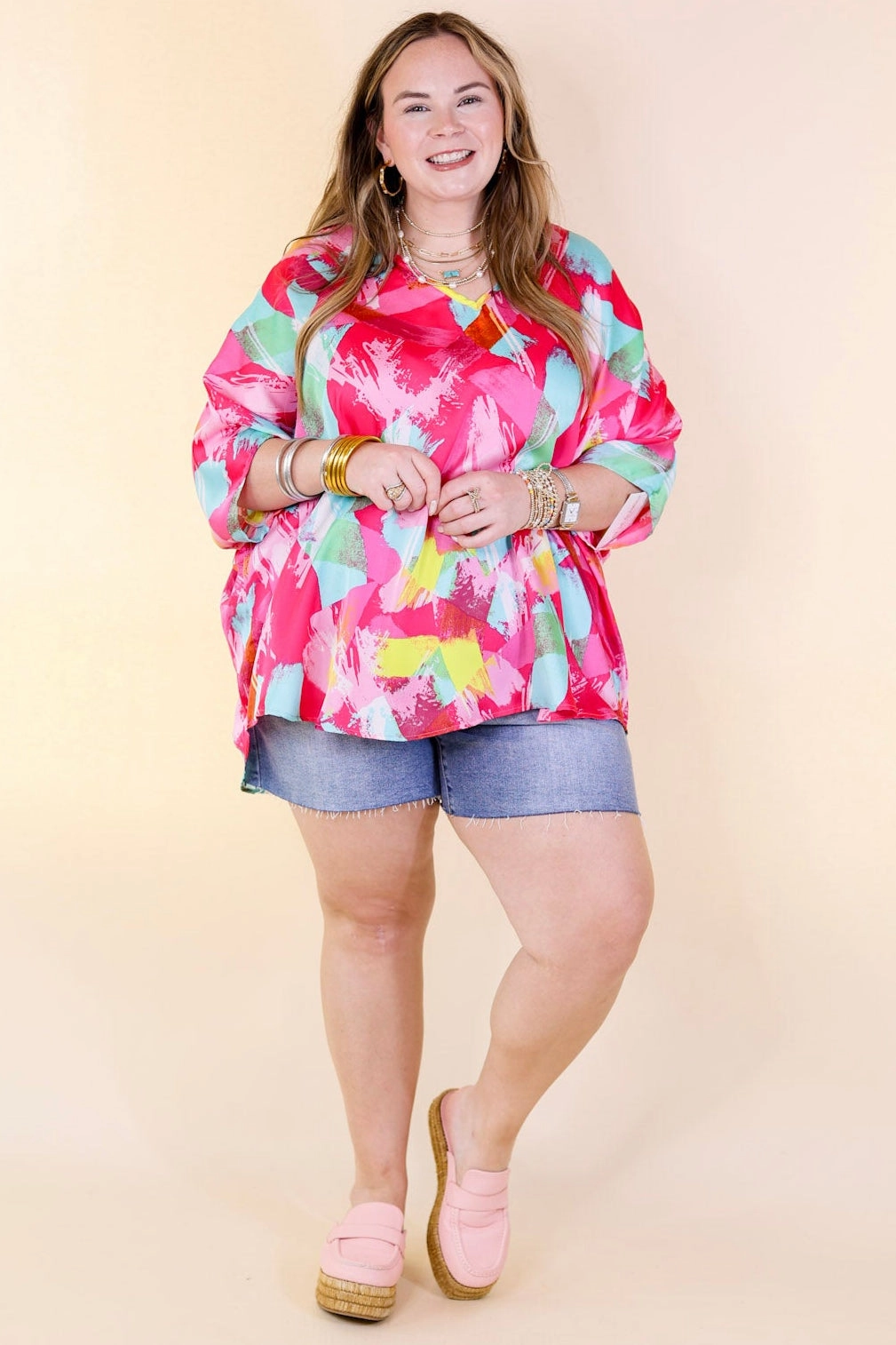 Ergonomic Sleeve Cut Spring It On Multi Color Brush Stroke Print Poncho Top in Pink Mix