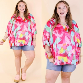 Classic Wear Spring It On Multi Color Brush Stroke Print Poncho Top in Pink Mix