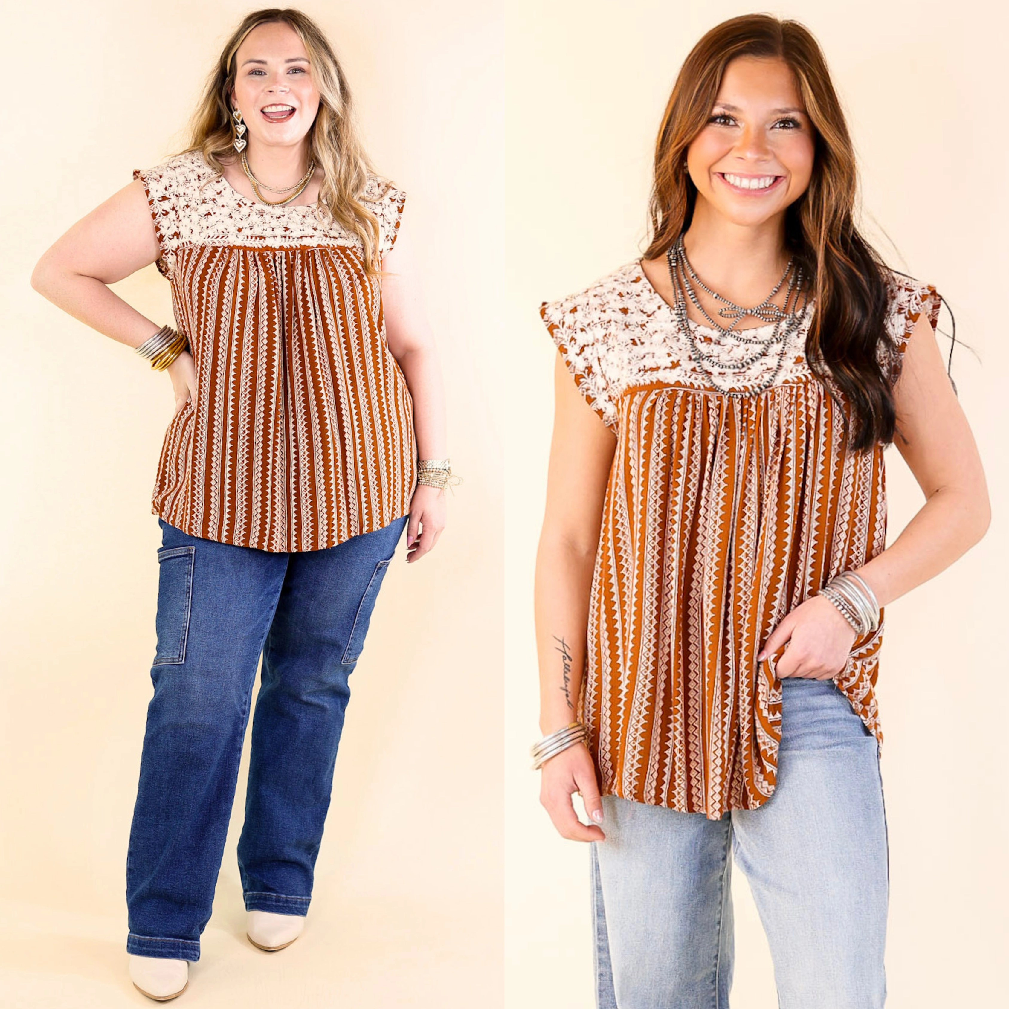 Afternoon Stroll Embroidered Tribal Top with Cap Sleeves in Rust Brown Quick Dry Technology