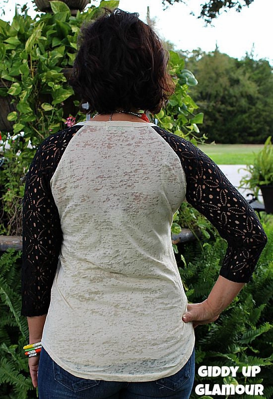 Stylish Jacket Ain't Nothing Sweeter Than Us Georgia Peaches Baseball Burnout Tee with Black Crochet Lace Sleeves