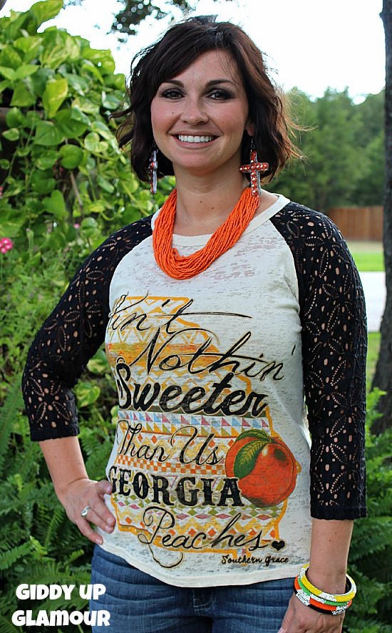 Reuse Mode Ain't Nothing Sweeter Than Us Georgia Peaches Baseball Burnout Tee with Black Crochet Lace Sleeves