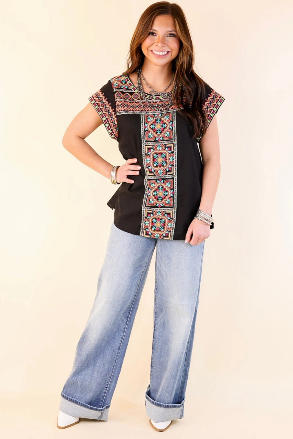 NonFadeFinish Take A Trip Multi Color Embroidered Cap Sleeve Top in Black