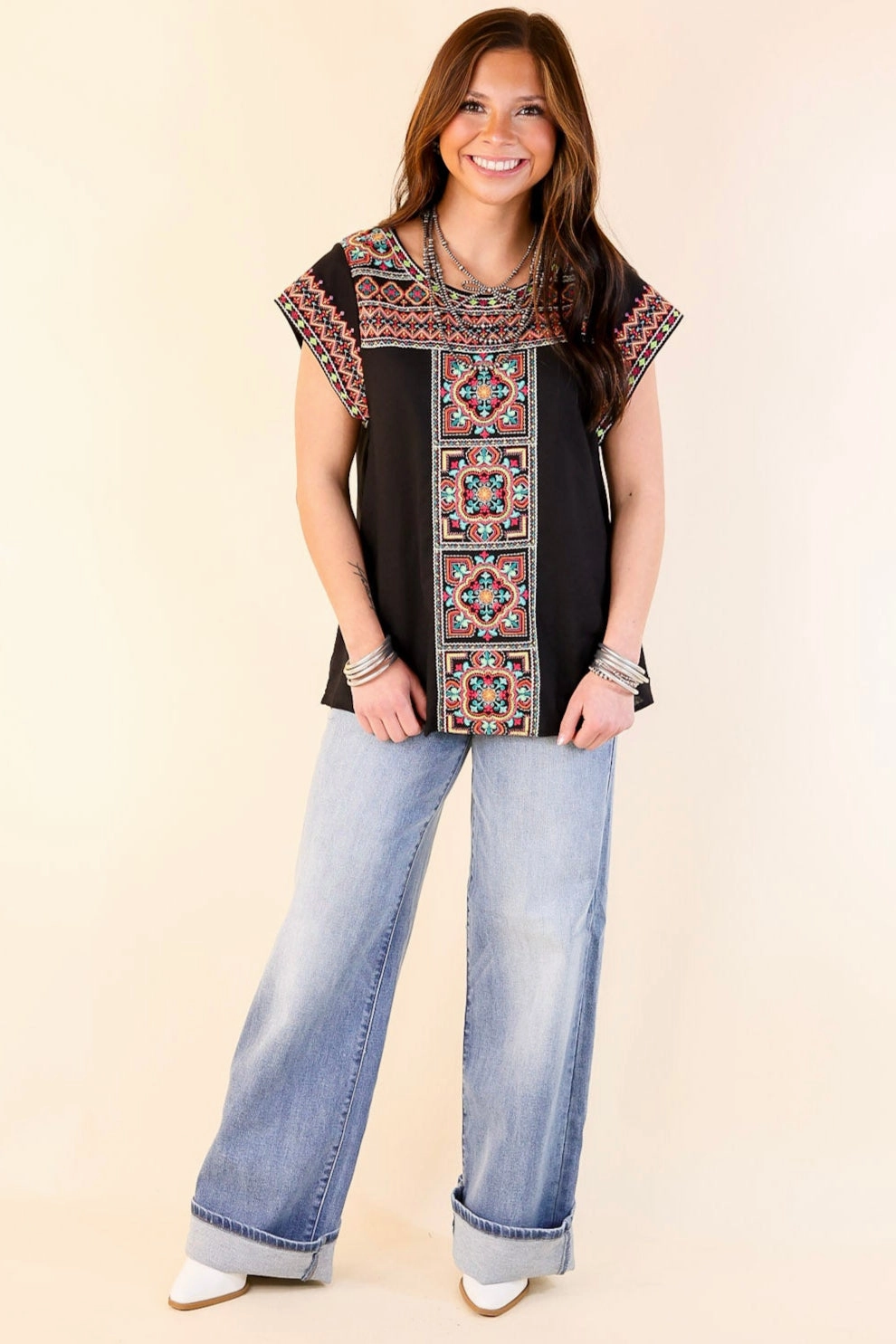 Take A Trip Multi Color Embroidered Cap Sleeve Top in Black Reflective Safety Accents