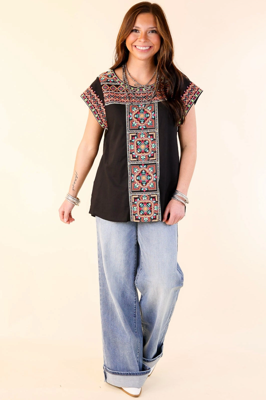 Take A Trip Multi Color Embroidered Cap Sleeve Top in Black Soft Brushed Lining Tear Resistant Reinforcement