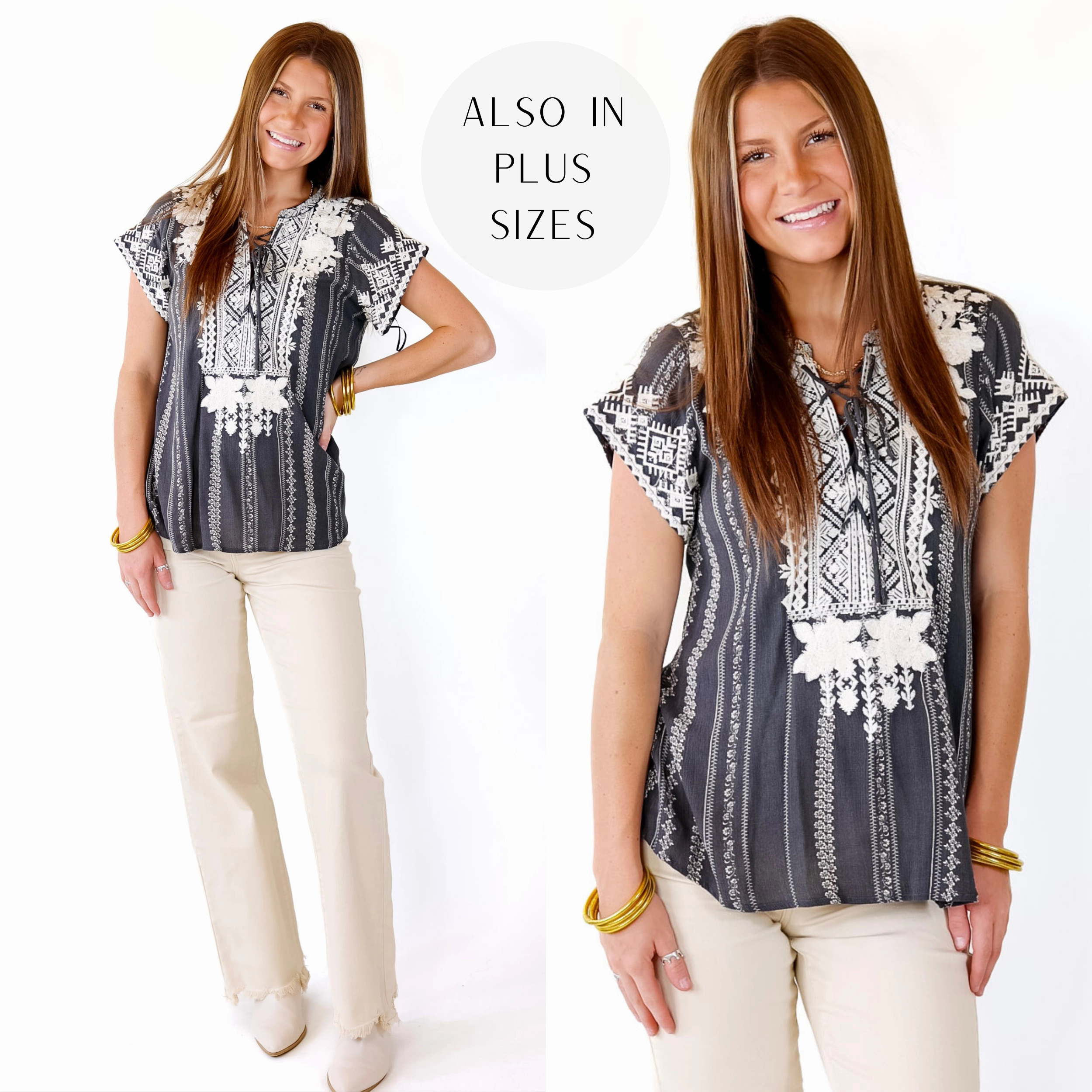 Coastal Comfort Floral Embroidered Top with Criss Cross Neckline in Charcoal Grey ButterySoftTextile Structured Shoulder