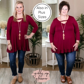 Last Chance Size Small & 2XL | Something Familiar Keyhole Tunic Top with Ruffle Hem in Maroon Team Edge