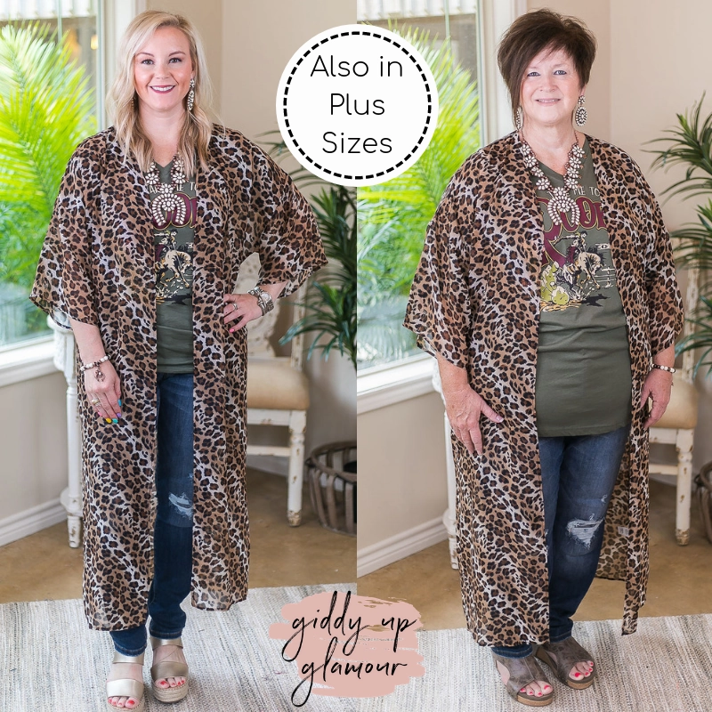 Last Chance Size Small, Medium, Large | Love Not Logic Long Sheer Duster Kimono in Leopard Noble Grace Athleisure Cool
