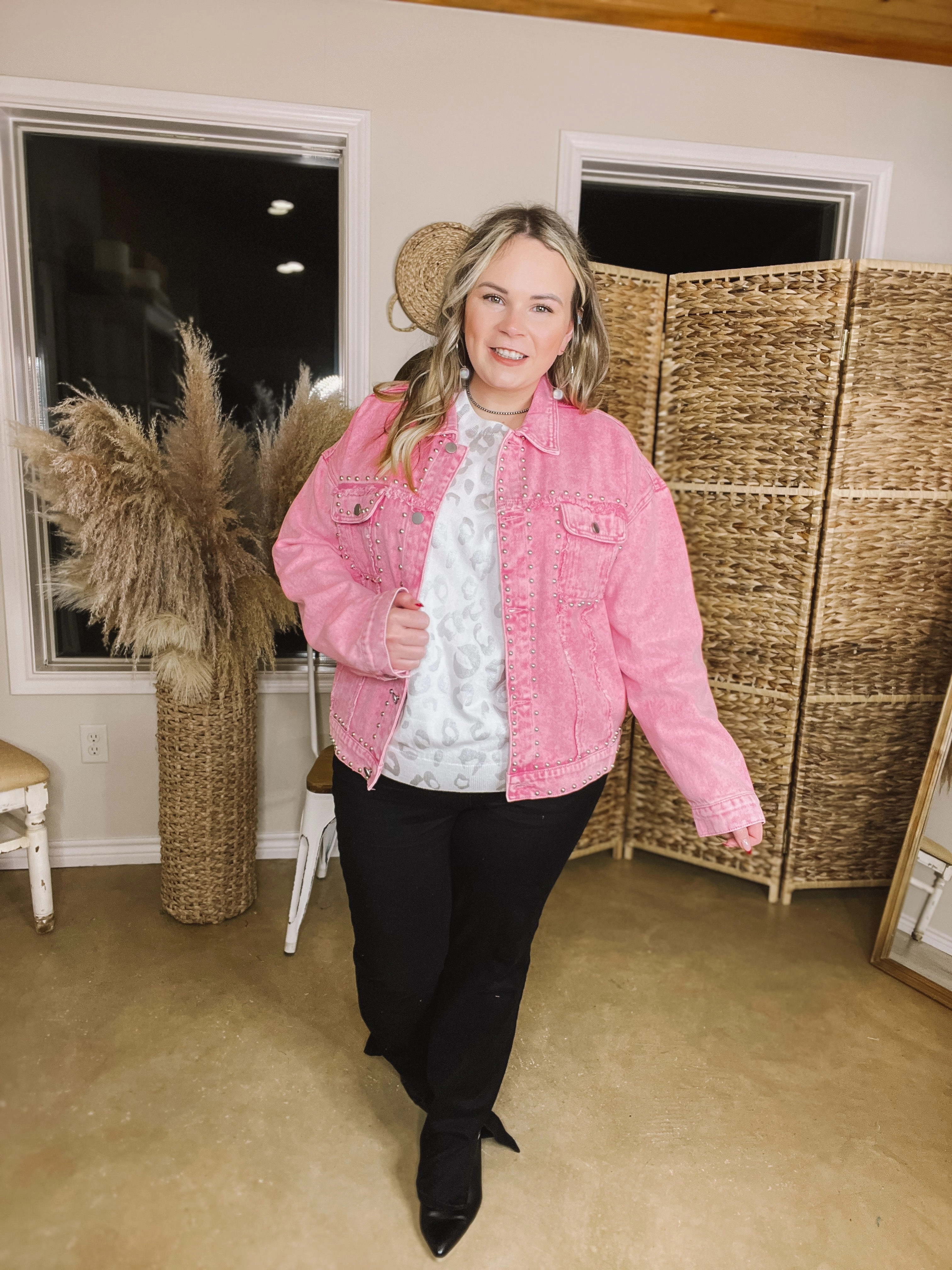 Always Impressed Cropped Denim Jacket with Silver Studs in Pink TearResistant Material