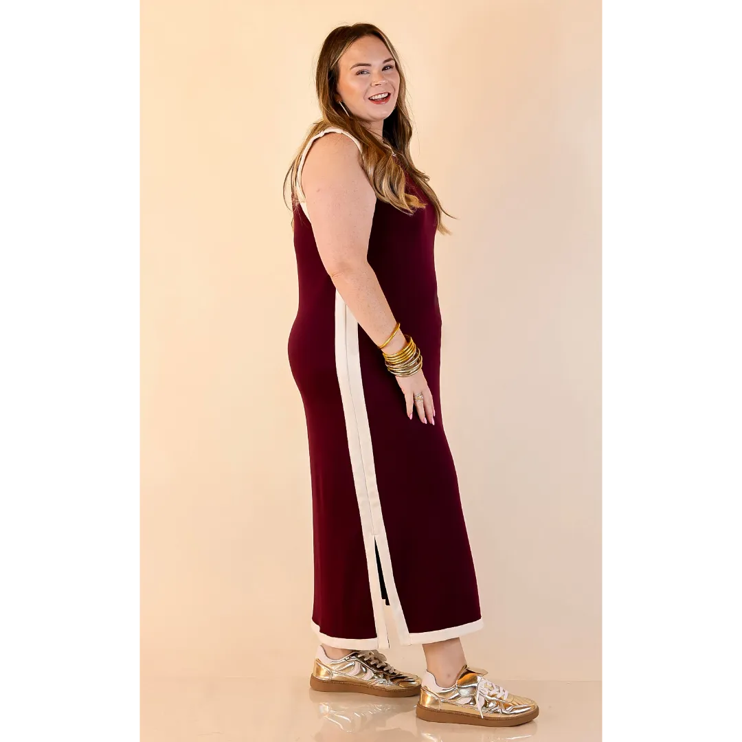 AbrasionFreeZone Chic Direction Solid Sleeveless Knit Midi Dress with Ivory Trim in Maroon