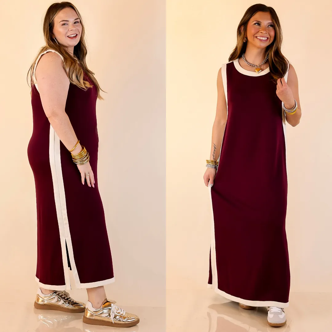 Chic Direction Solid Sleeveless Knit Midi Dress with Ivory Trim in Maroon CompactPackaging Street Fest