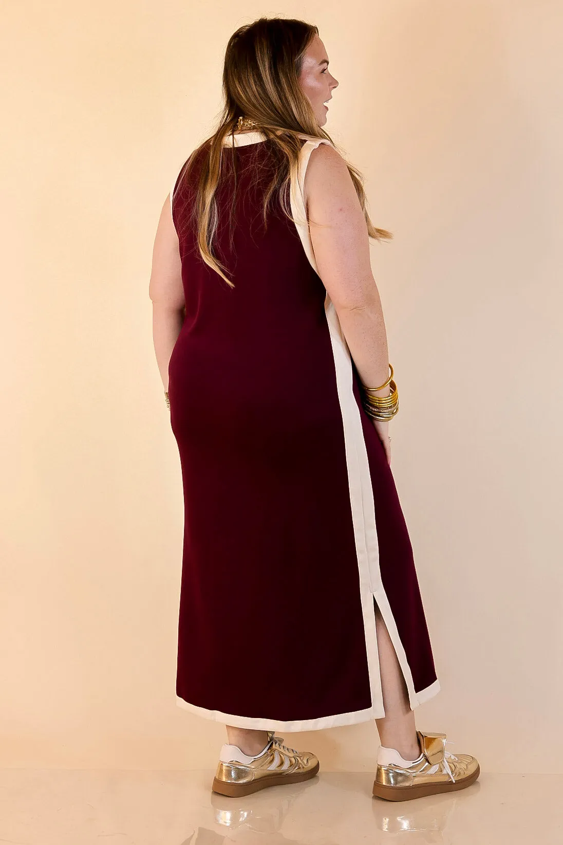 Placket Closure Chic Direction Solid Sleeveless Knit Midi Dress with Ivory Trim in Maroon