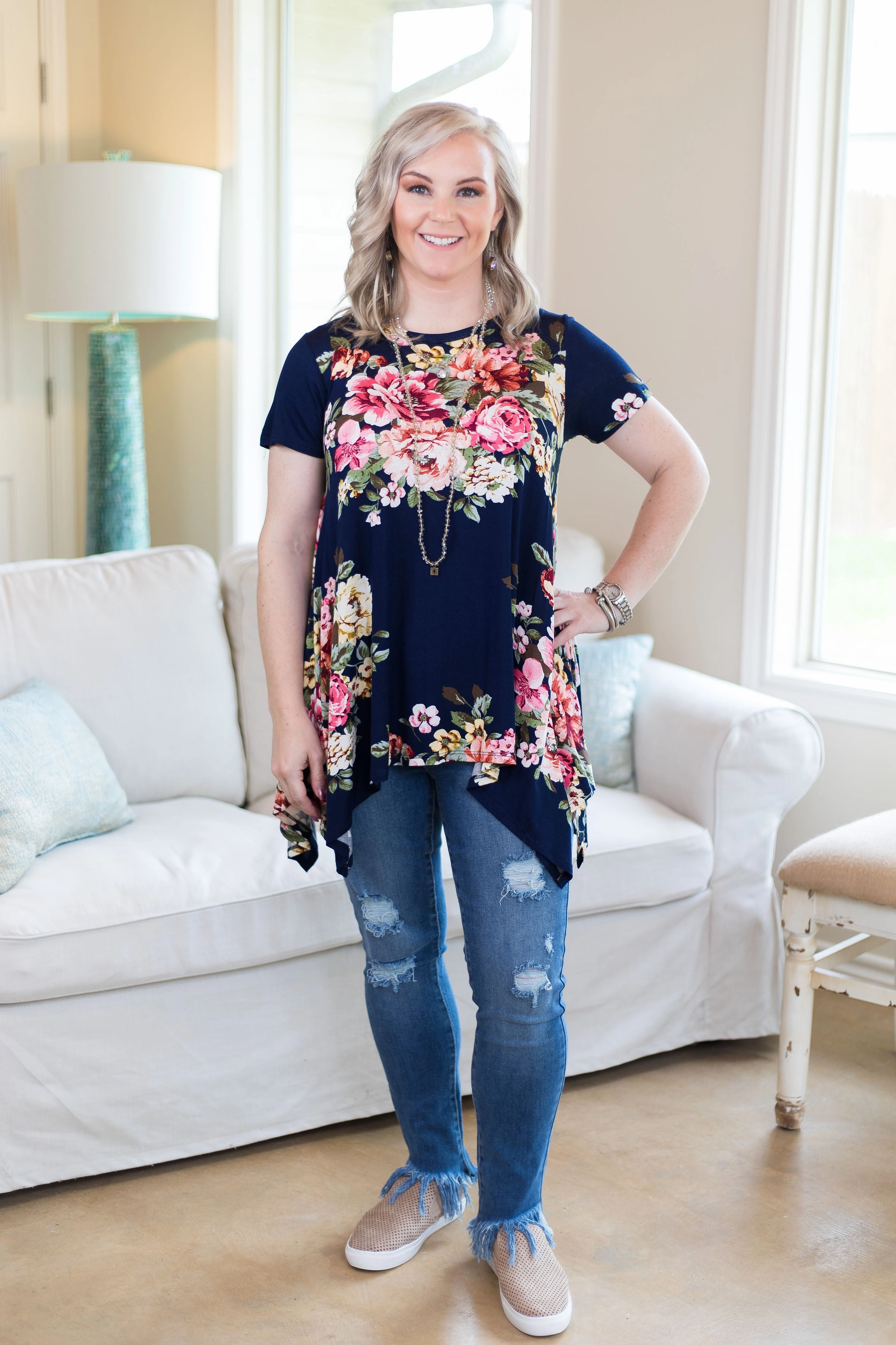 SoftLining Last Chance Size Small | Keep You Around Short Sleeve Floral Trapeze Top in Navy Blue