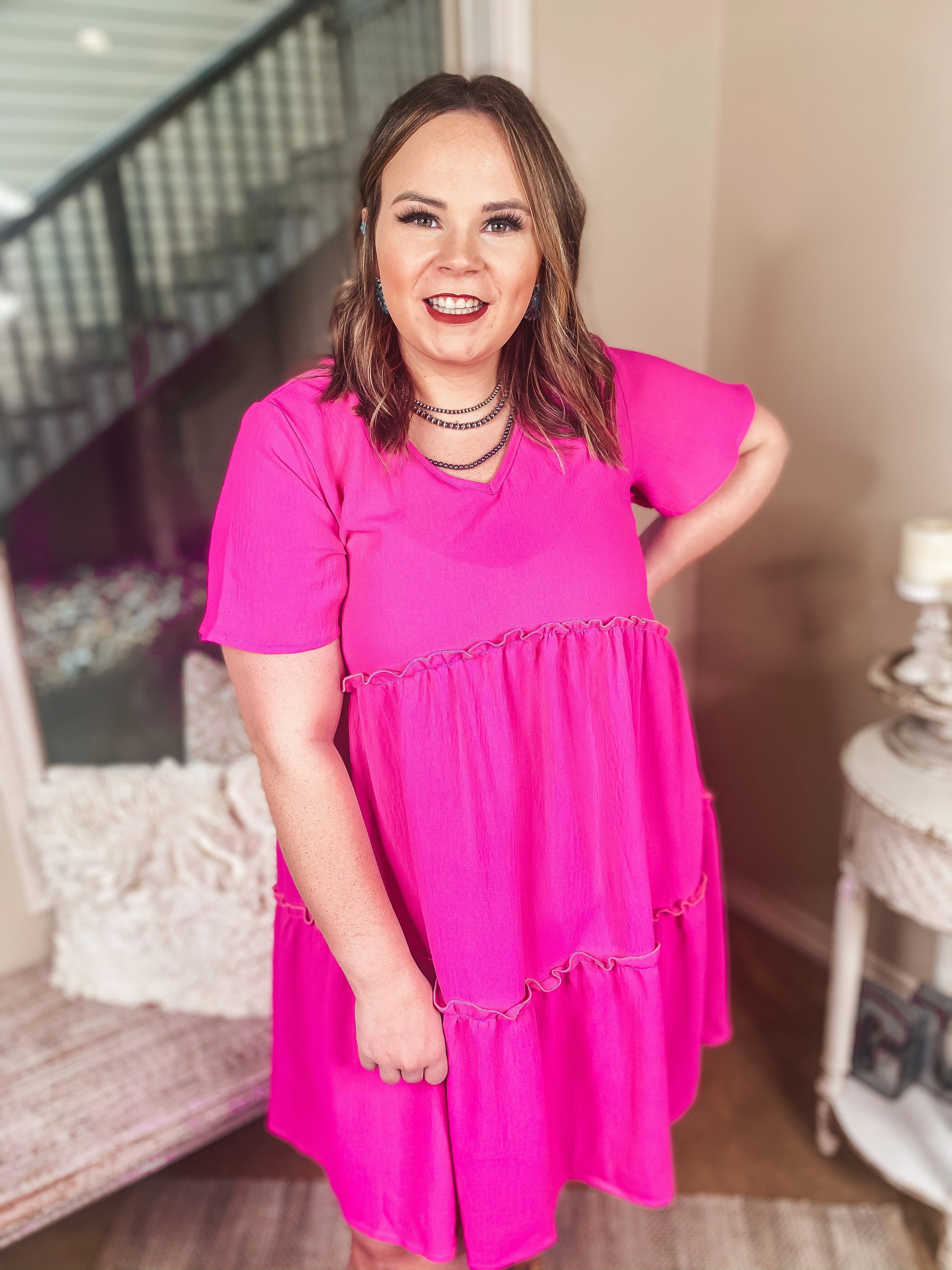 Waiting For Wednesday Short Sleeve Tiered Babydoll Dress in Fuchsia Pink Power Vibe Trend Vibe