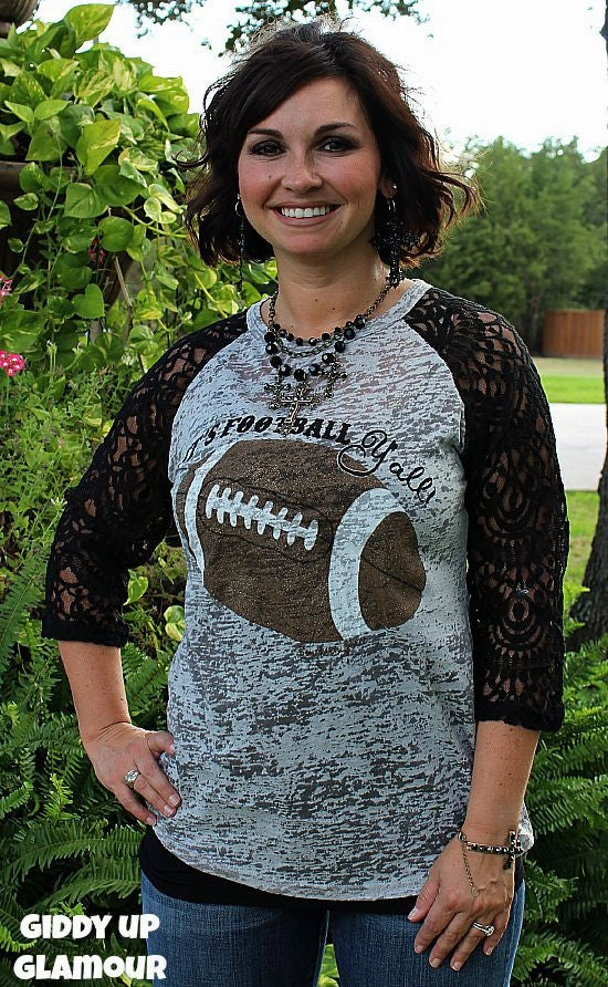 Last Chance Size Small | It's Football Y'all Grey Baseball Tee with Black Lace Sleeves Seasonal Casual