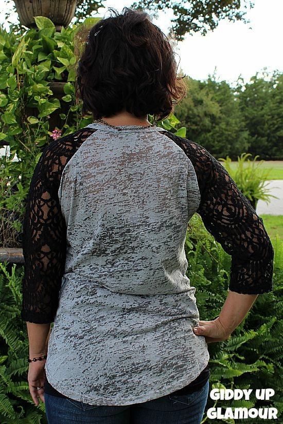 Last Chance Size Small | It's Football Y'all Grey Baseball Tee with Black Lace Sleeves Casual Wearable Foam Print Detail