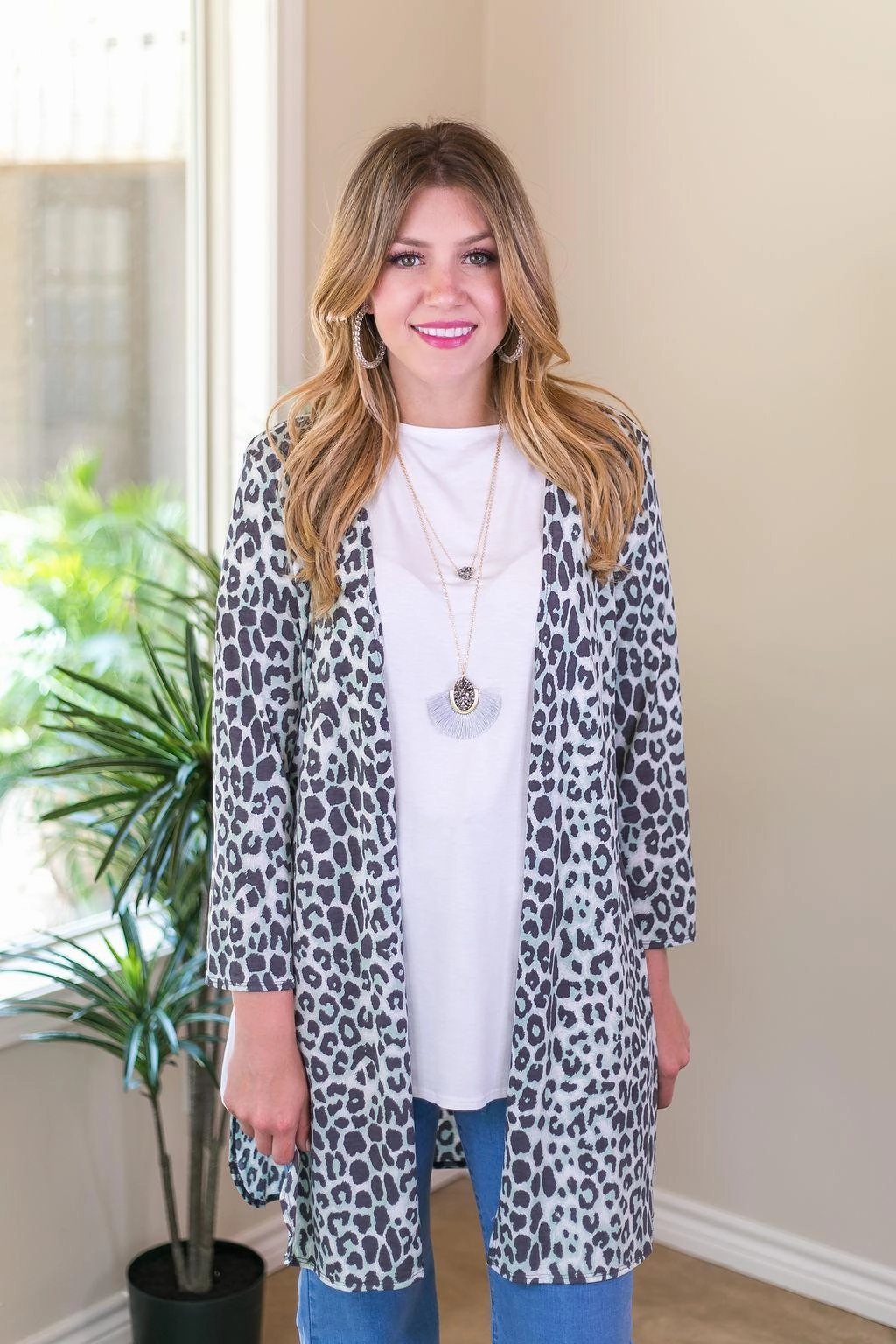 All Eyes On You Leopard Cardigan in Mint and Grey UltraSoft Blend Stretchable Knit