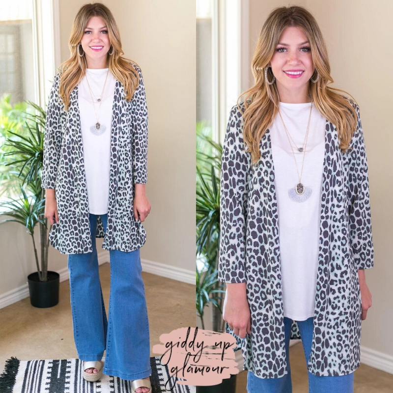 Ship Glow All Eyes On You Leopard Cardigan in Mint and Grey