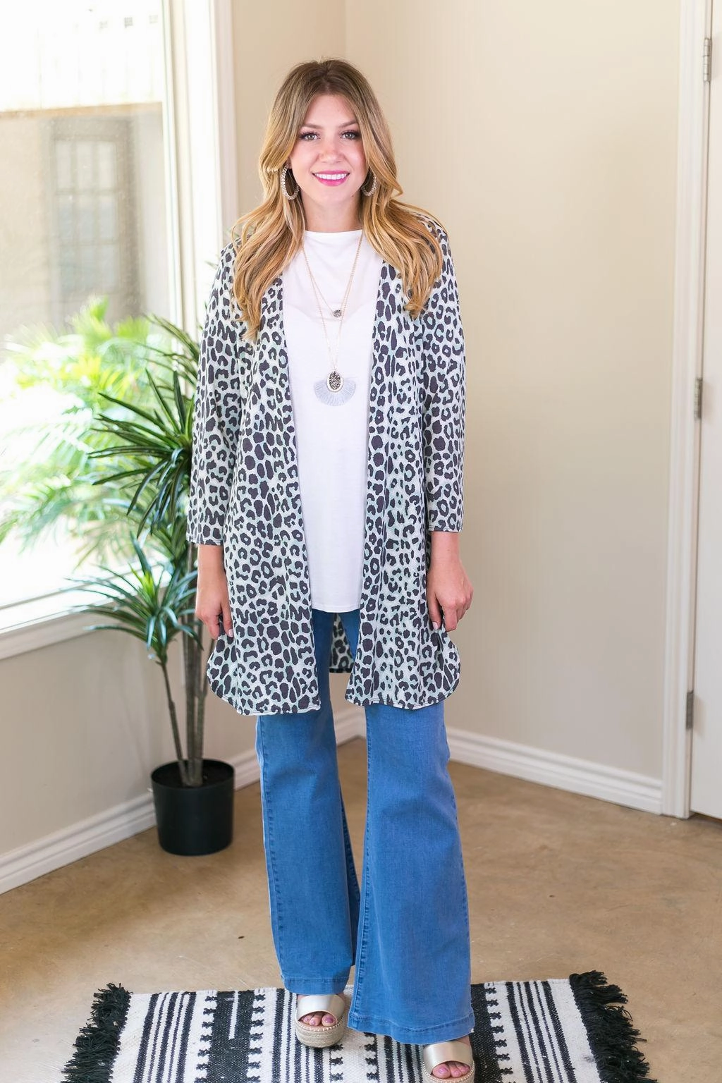 All Eyes On You Leopard Cardigan in Mint and Grey TearResistant Blends Flexible Knit Fabric