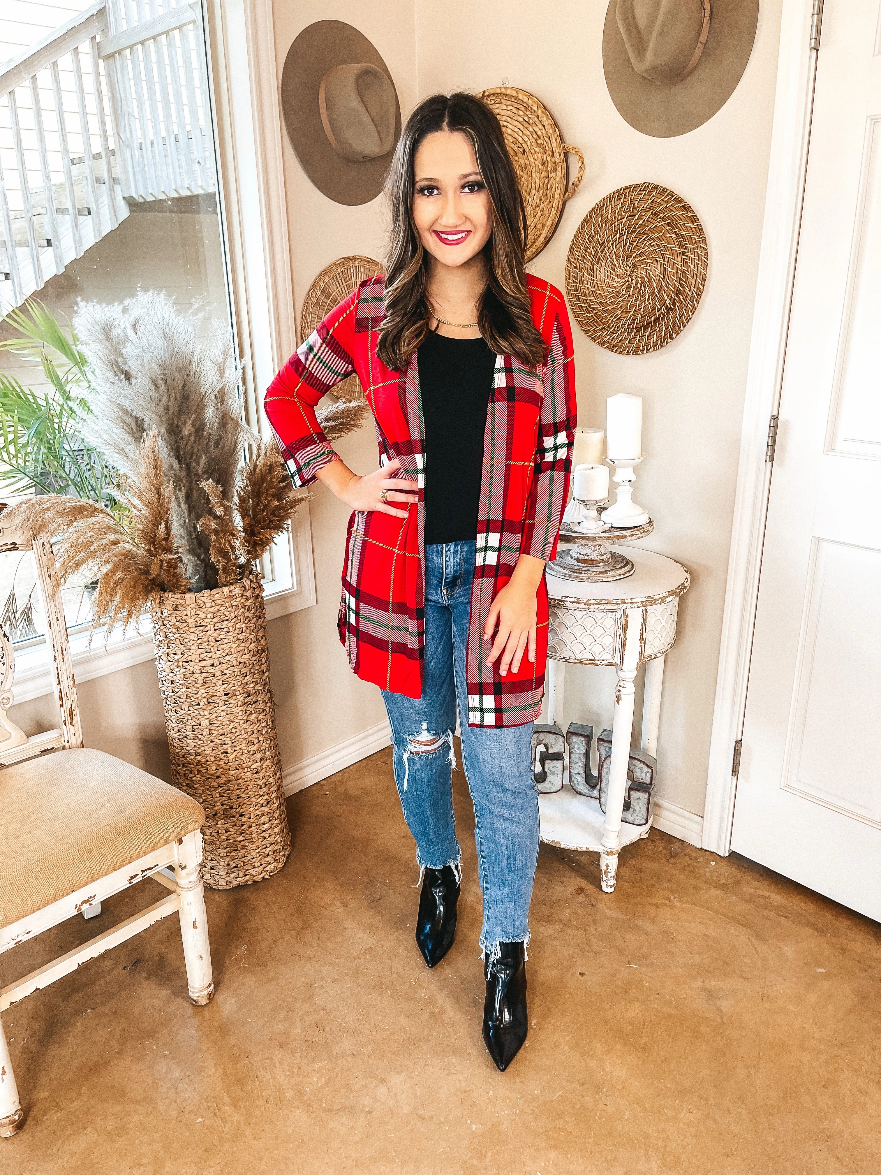 Formal Tone Transitional Clothing All Eyes On You Plaid Cardigan in Red and Green