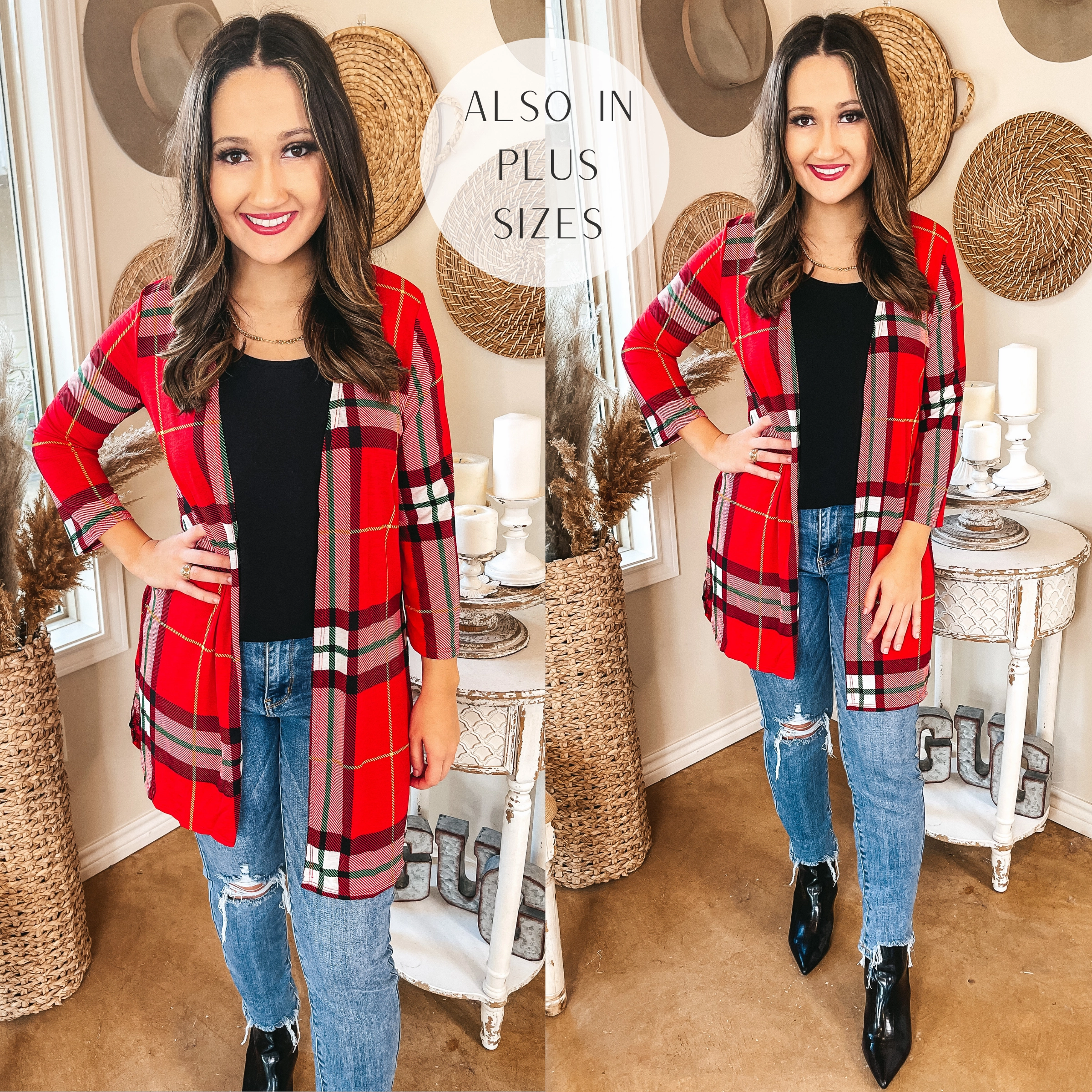 All Eyes On You Plaid Cardigan in Red and Green Comfortable Layer
