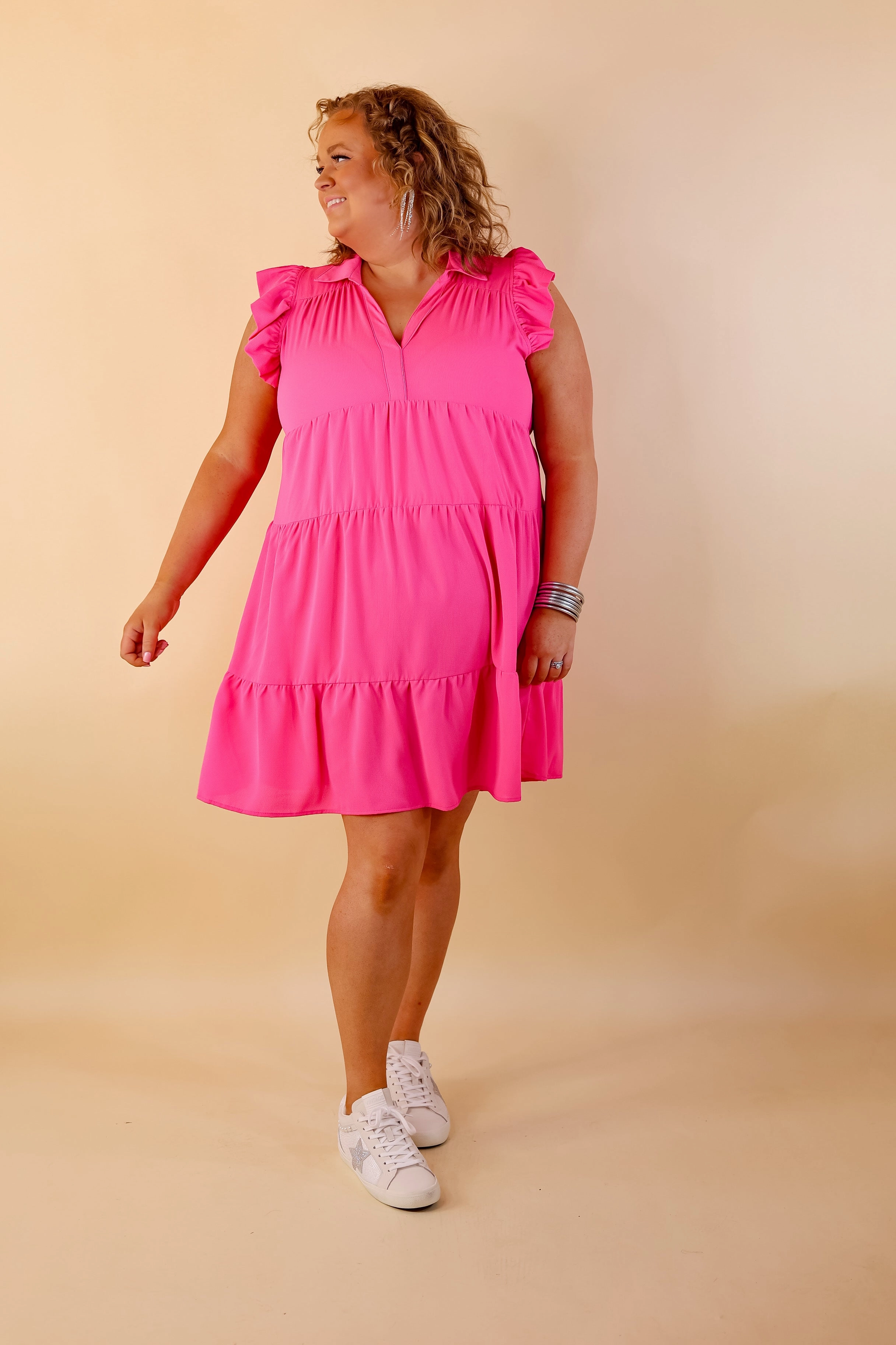 Joy Ease Everyday Comfort All Of A Sudden Ruffle Cap Sleeve Short Dress in Hot Pink