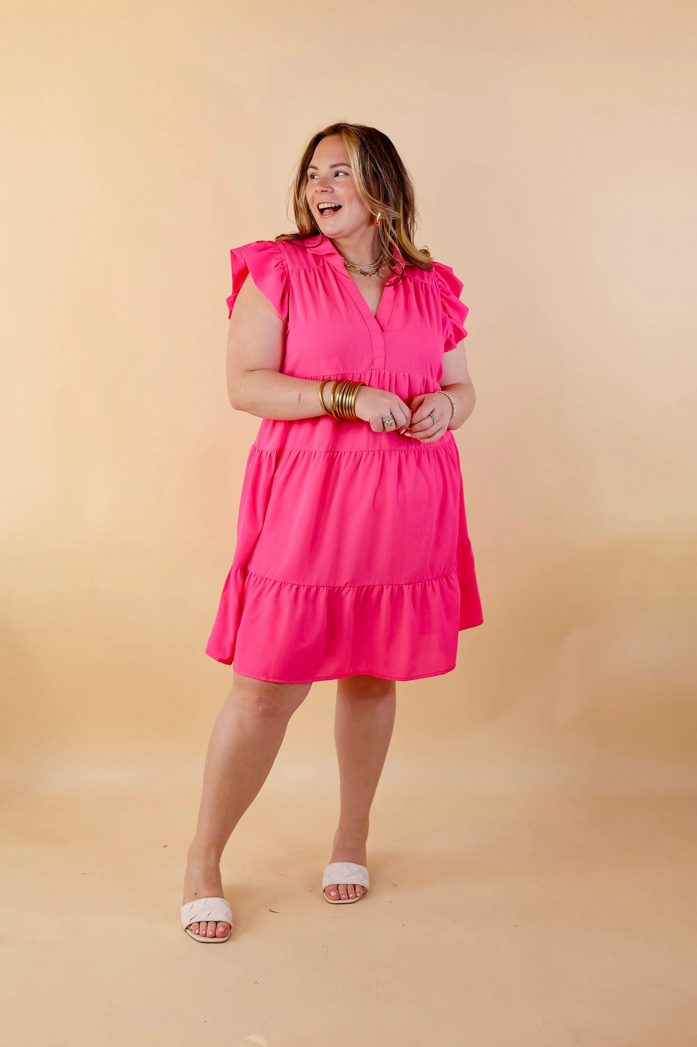 Soft Pants Bio Glow All Of A Sudden Ruffle Cap Sleeve Short Dress in Hot Pink