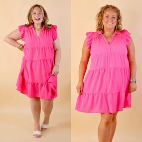 StaticFreeLining All Of A Sudden Ruffle Cap Sleeve Short Dress in Hot Pink