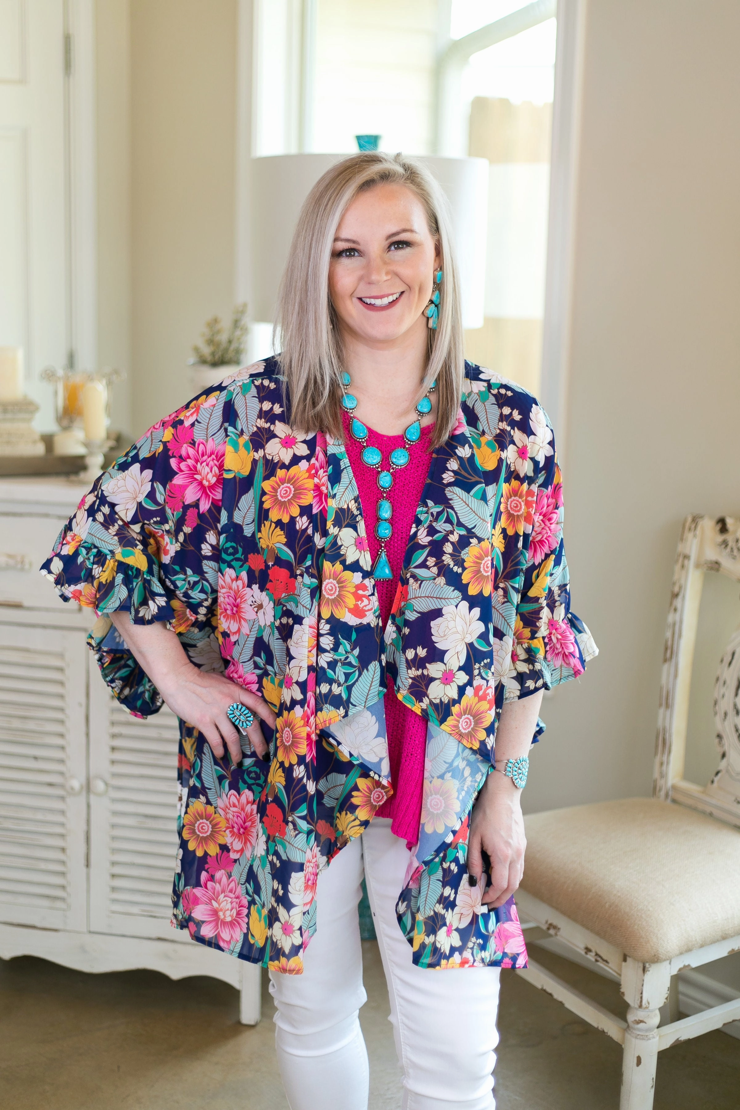 Last Chance Size Medium | Time To Bloom Floral Print Sheer Kimono with Ruffle Sleeves in Navy Blue Simple Top