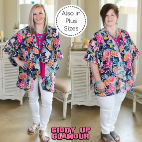 Cyber Core Layered Paneling Last Chance Size Medium | Time To Bloom Floral Print Sheer Kimono with Ruffle Sleeves in Navy Blue