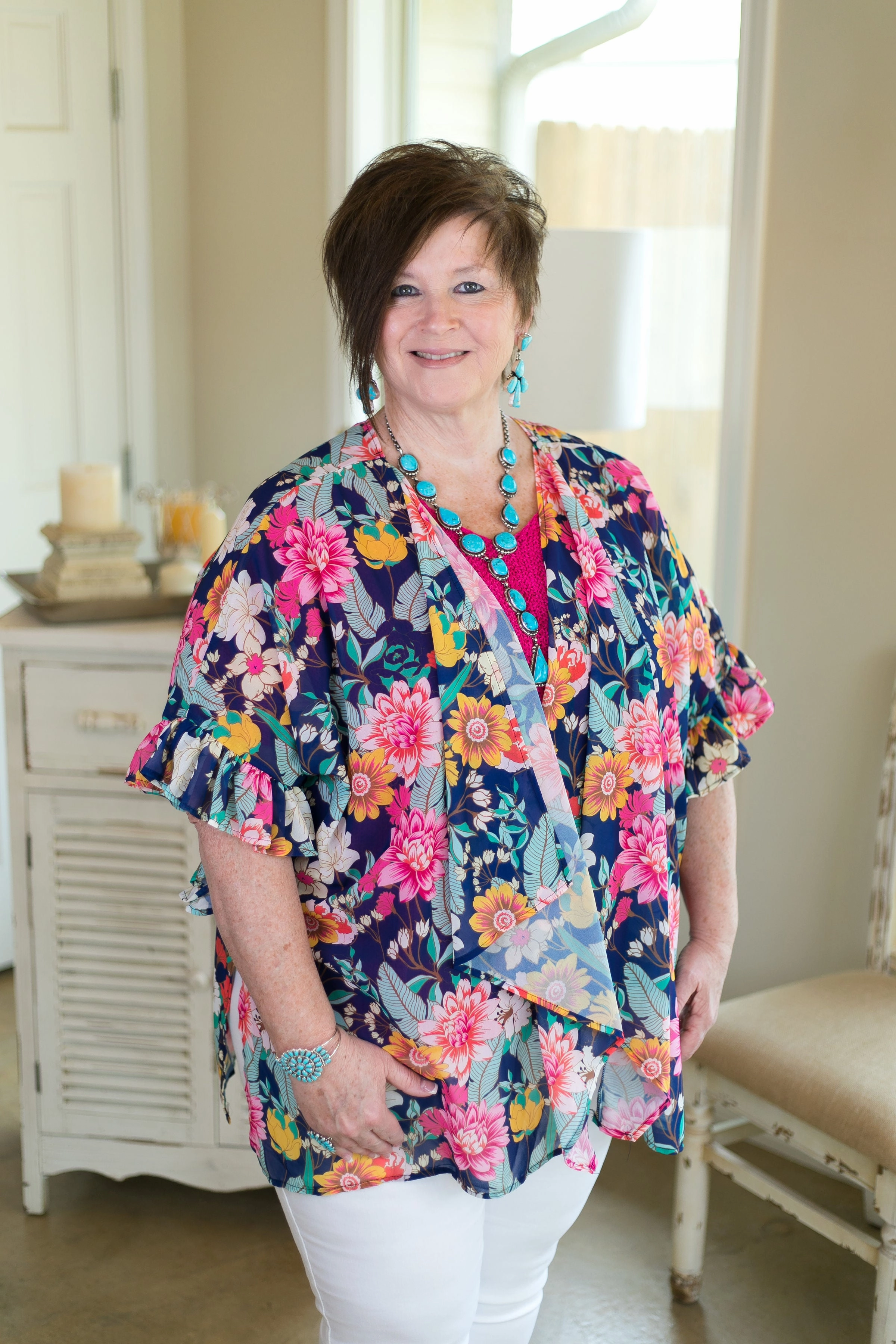 Kind Soul Light Pants Last Chance Size Medium | Time To Bloom Floral Print Sheer Kimono with Ruffle Sleeves in Navy Blue