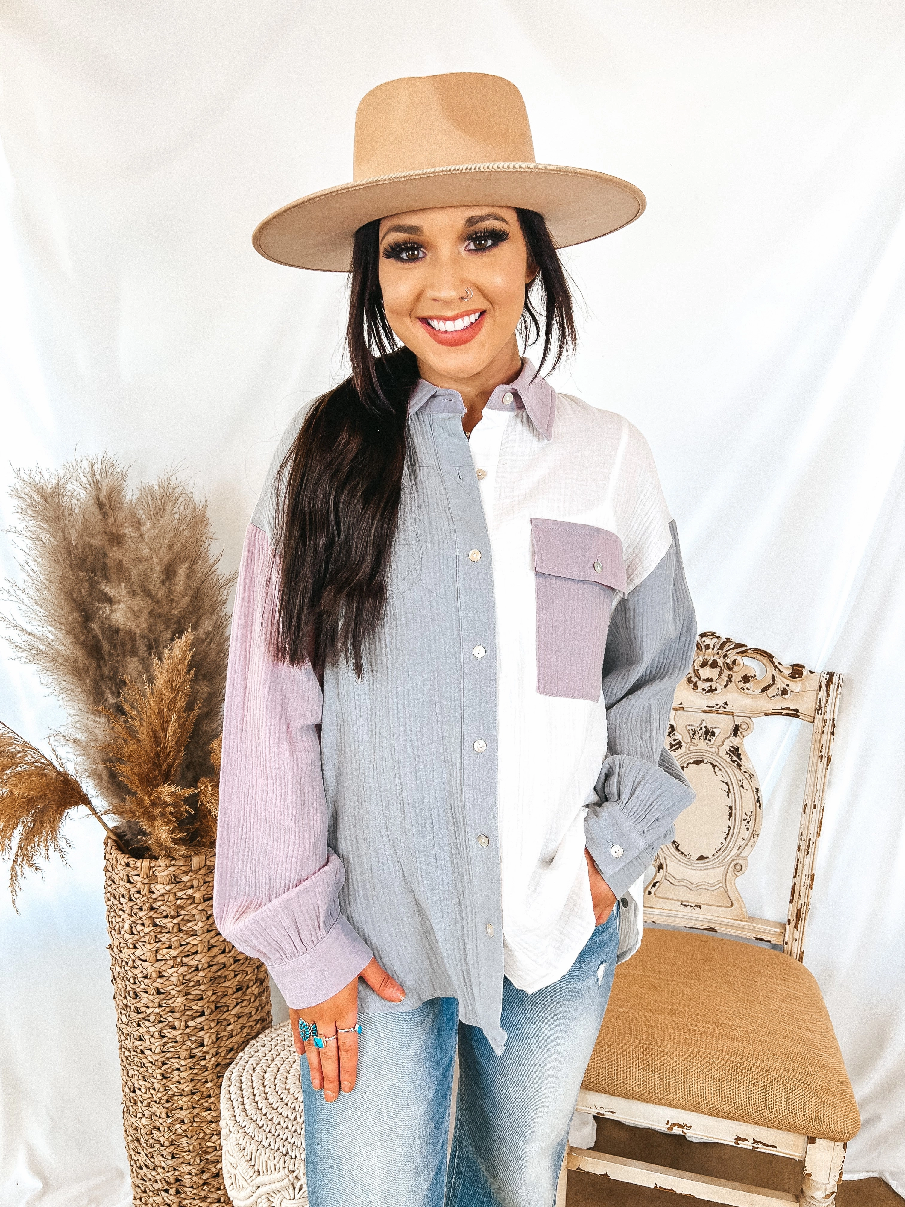 Carry Ease Travel Proof Last Chance Size Medium & 1XL | Highly Requested Button Up Color Block Top in Dusty Blue and Purple
