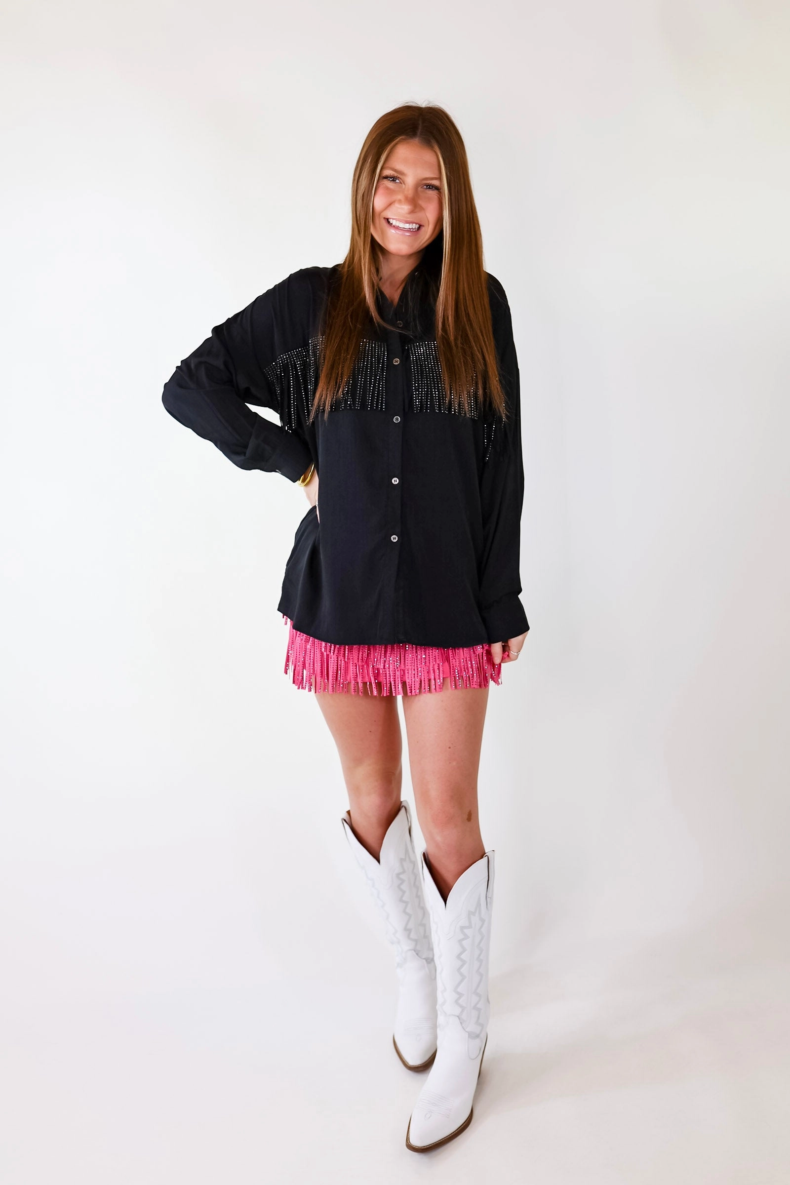 All That Shimmers Crystal Fringe Button Up Top with Long Sleeves in Black Craft Core DurableSeams
