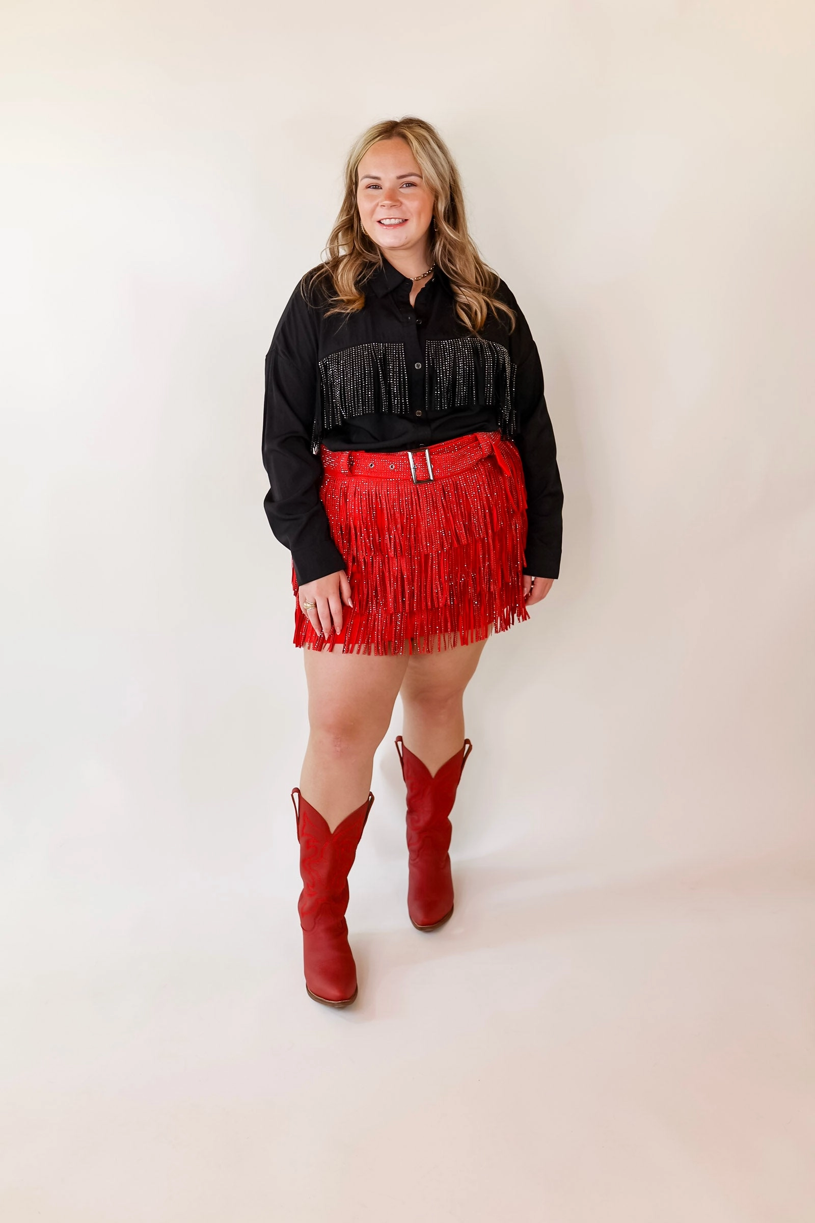 All That Shimmers Crystal Fringe Button Up Top with Long Sleeves in Black Fresh Ease Cozy Vibe