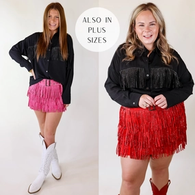 QuickPackable Design All That Shimmers Crystal Fringe Button Up Top with Long Sleeves in Black